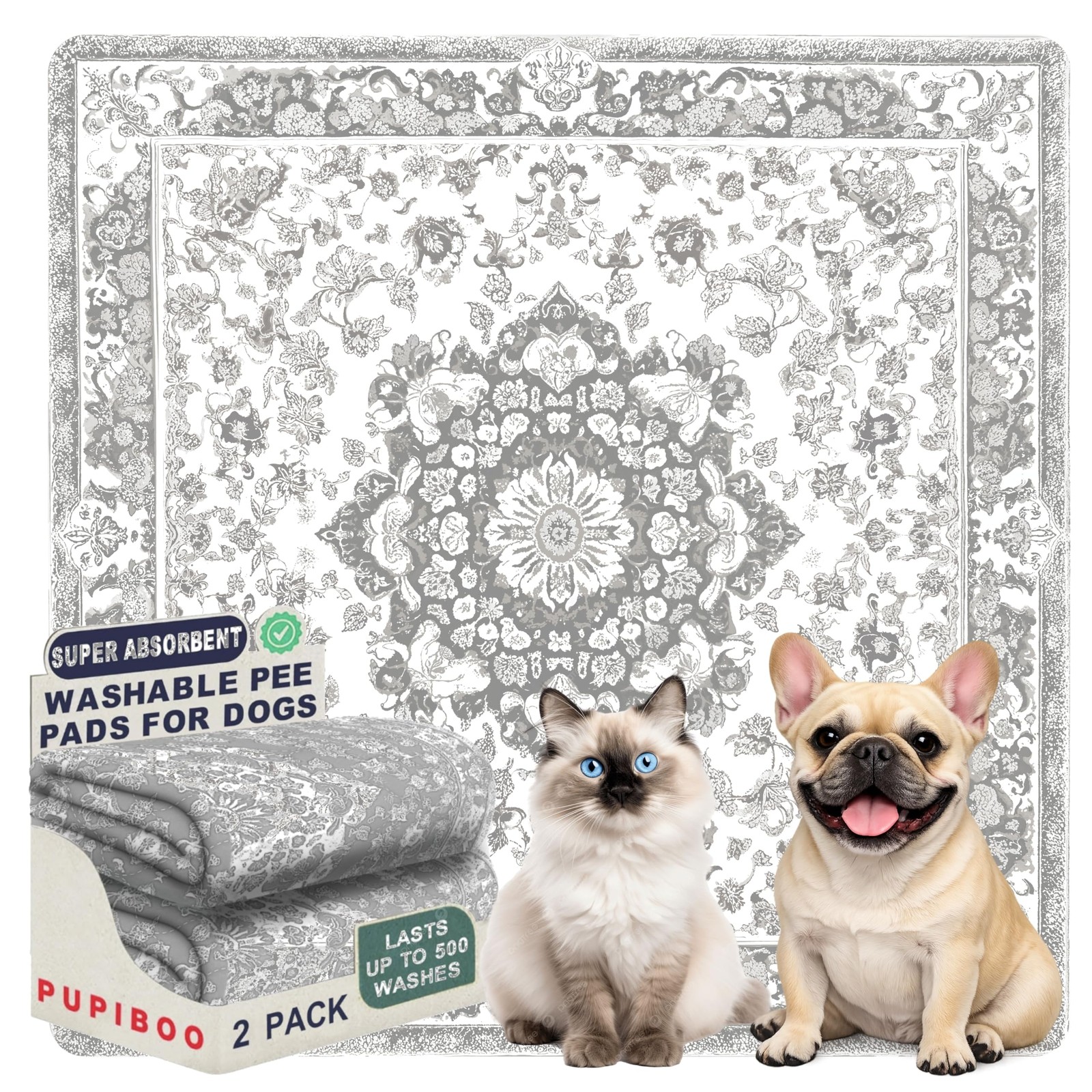 PUPIBOO Washable Pee Pads for 36 x 36 Inch (Pack of 2), Light Grey Medallion