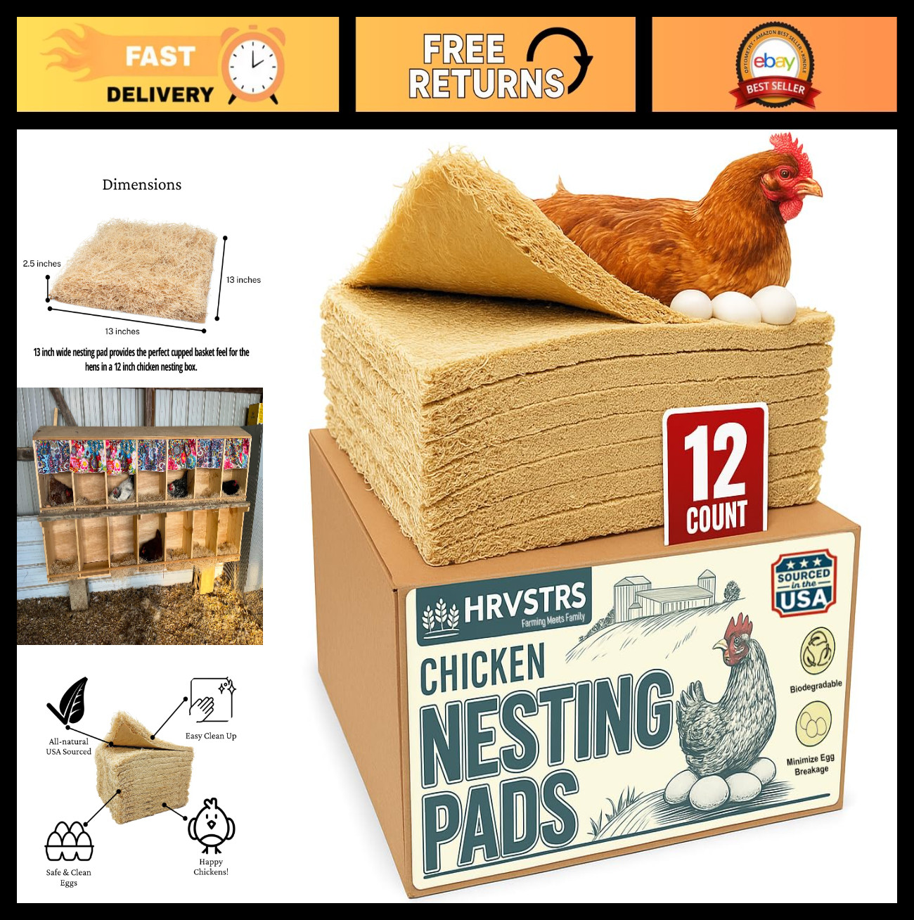 12 Pack Chicken Nesting Pads – Professional Grade Aspen Bedding, Easy Clean, Dus