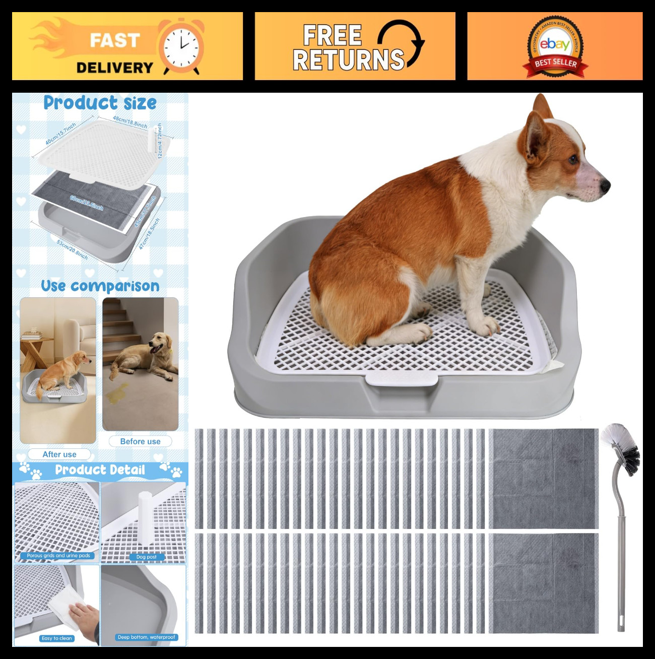 XL Dog Litter Box & Pee Pad Holder, Puppy Potty Training Tray for Small/Medium D