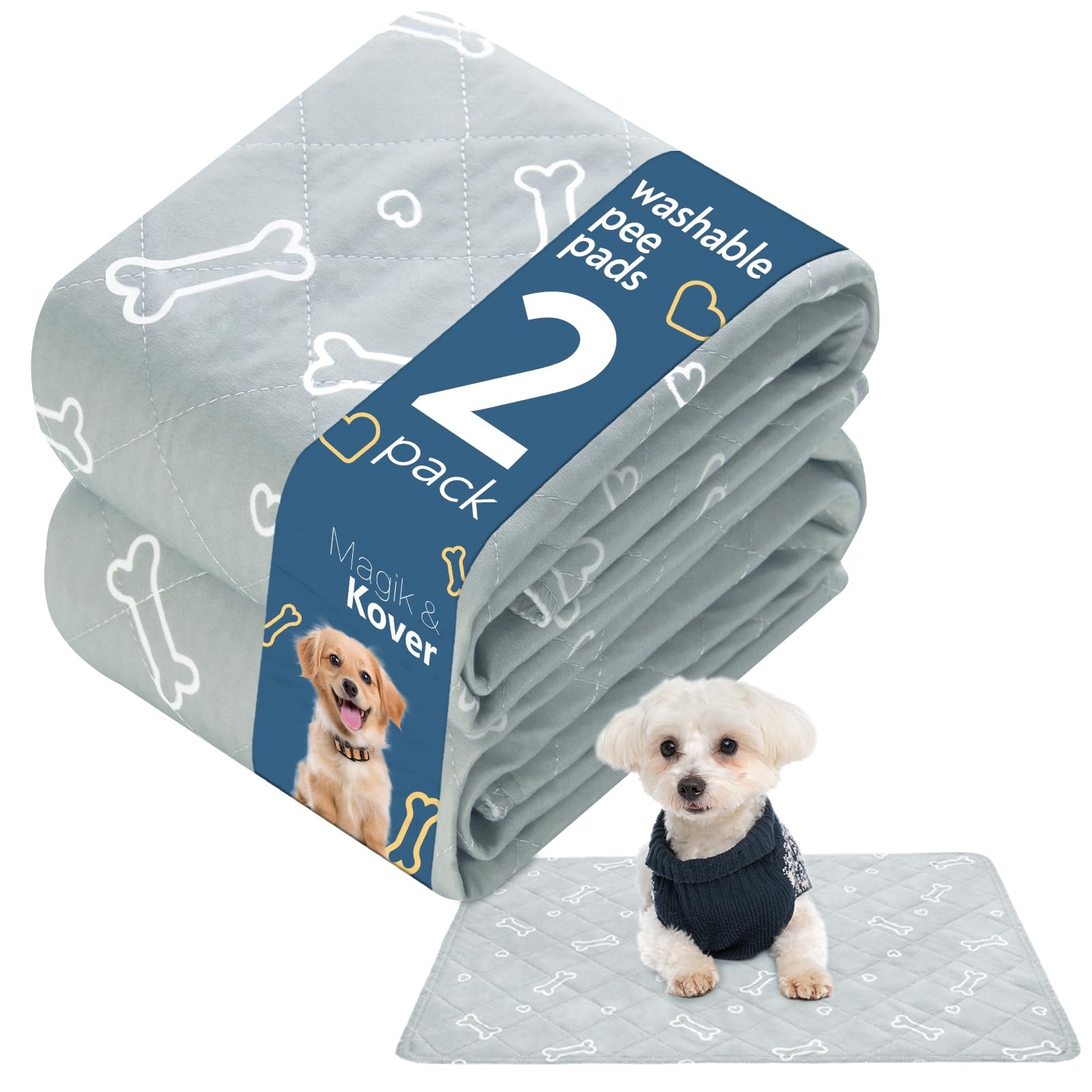 Washable Pee Pads for Dogs, 2 Pack Reusable Puppy Pads, Super 18″ x 24″, Gray