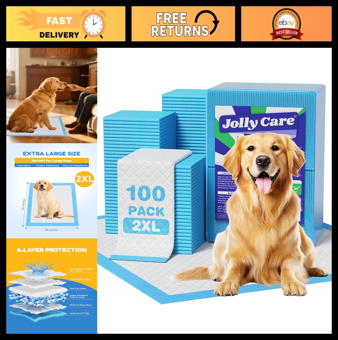 100 Count XXL Puppy Pads 30″x36″ – Extra Large, Super Absorbent, Leak-Proof Dog