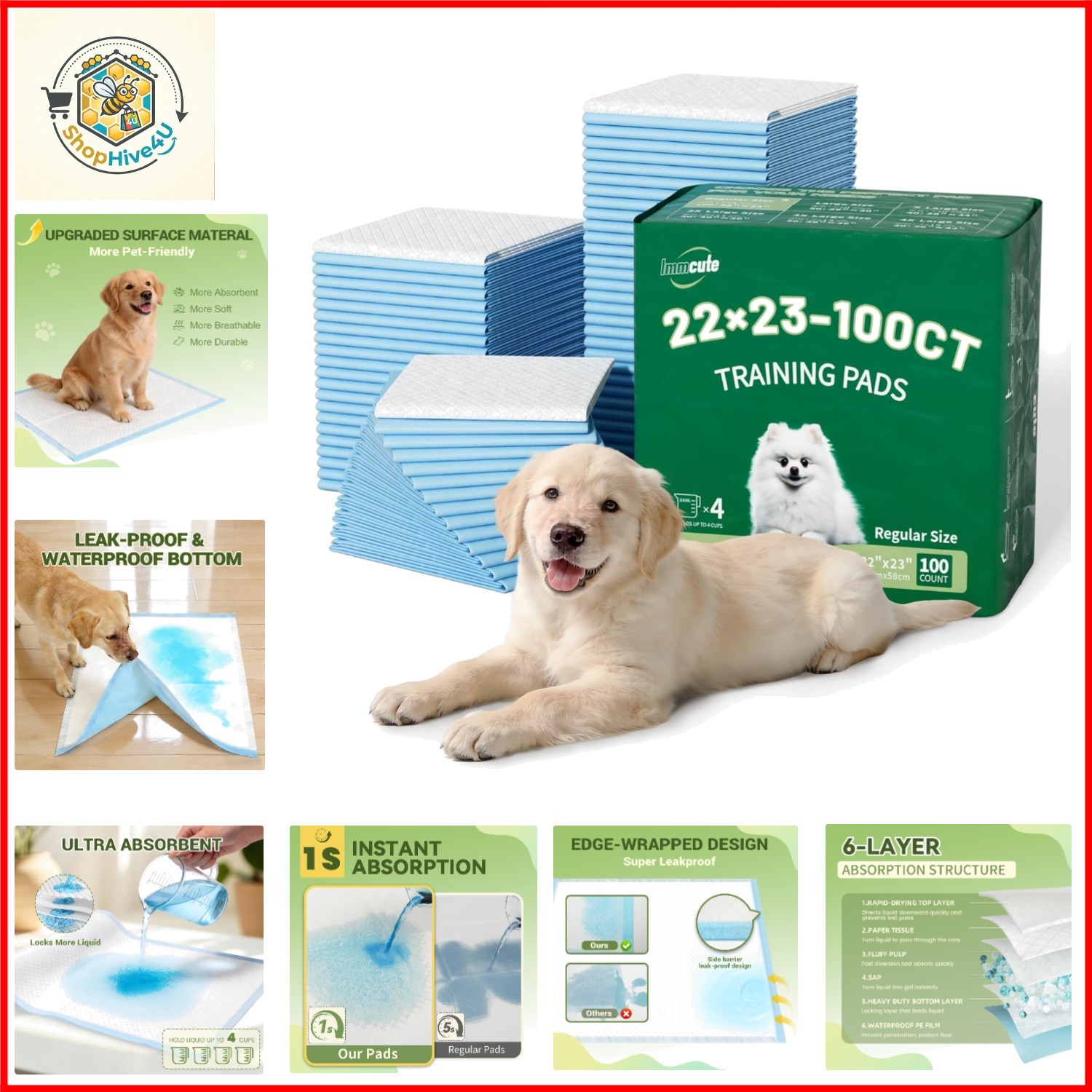 100 Count Puppy Pads, 22″x23″ Dog Pee Pads – Ultra-Soft Heat-Sealed, 6-Layer…