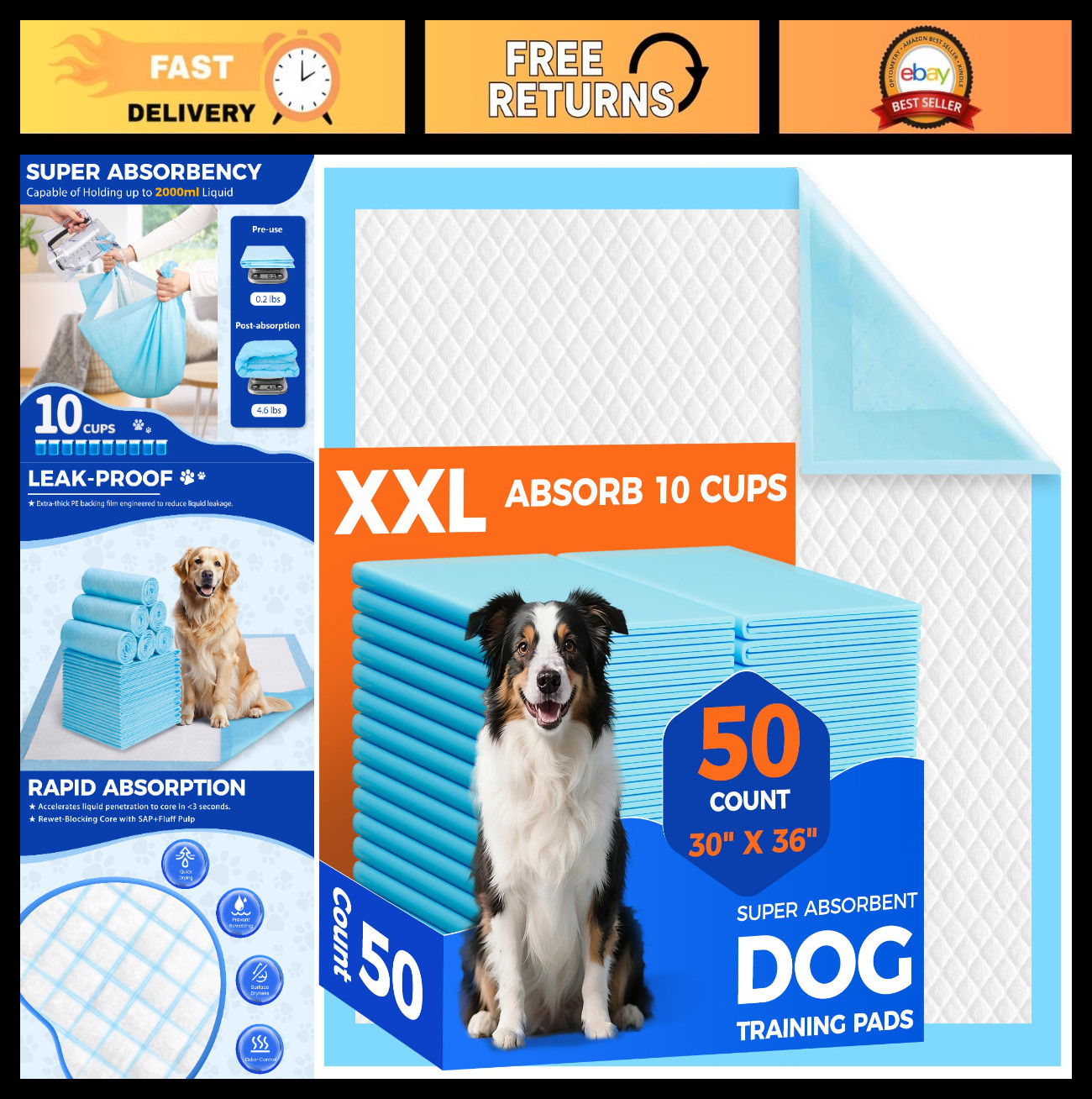 50 Count Extra Large Dog Pee Pads 30″x36″ – Super Absorbent, Leak-Proof, Fast-Dr