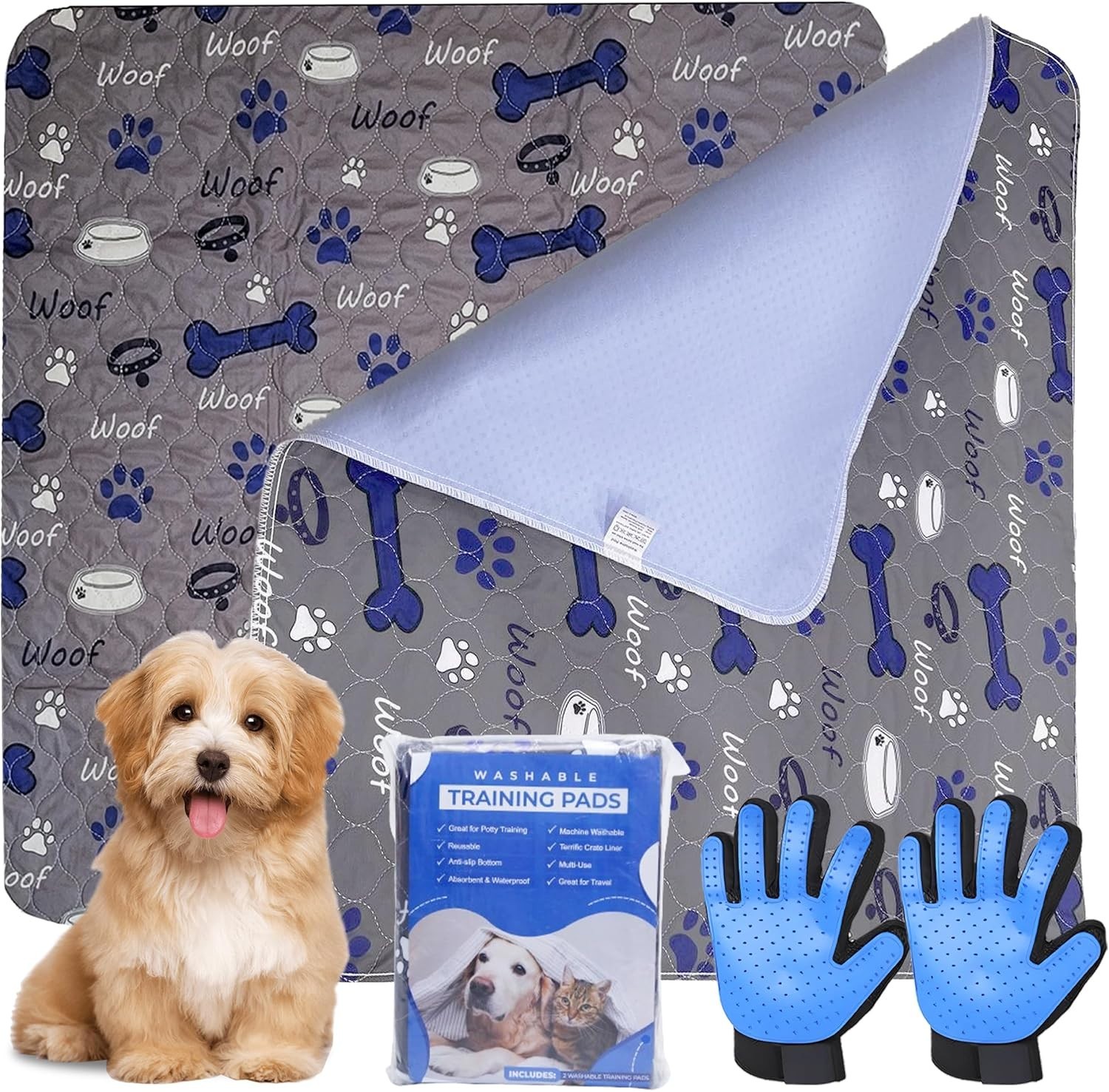 Pawriffic Washable Pee Pads for Dogs | 2 Pk | with FREE Pet Grooming gloves Blue