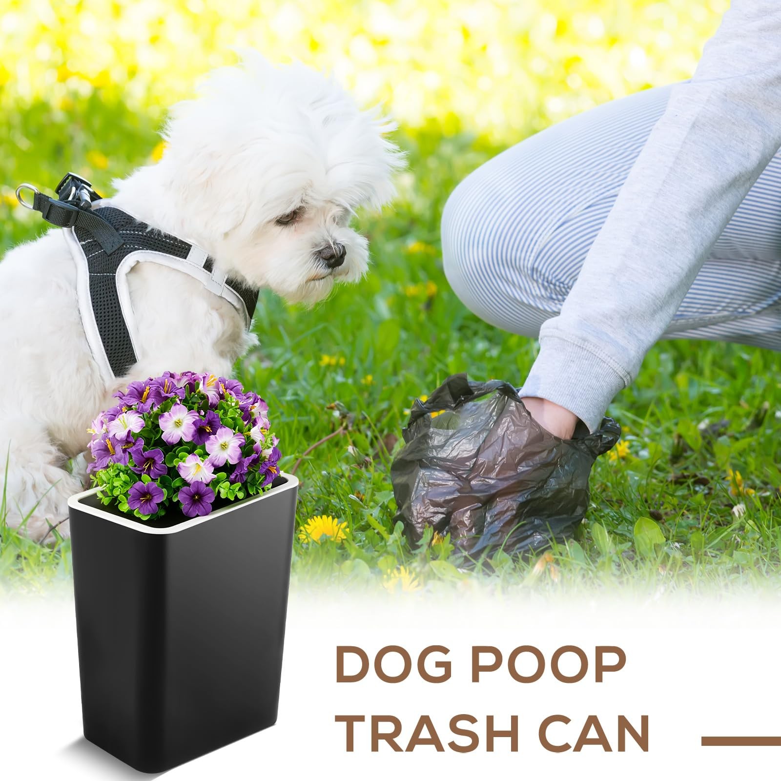 Jingmore 15L Purple Flower Black Dog Poop Bin w/ Lid & Bags, Indoor/Outdoor