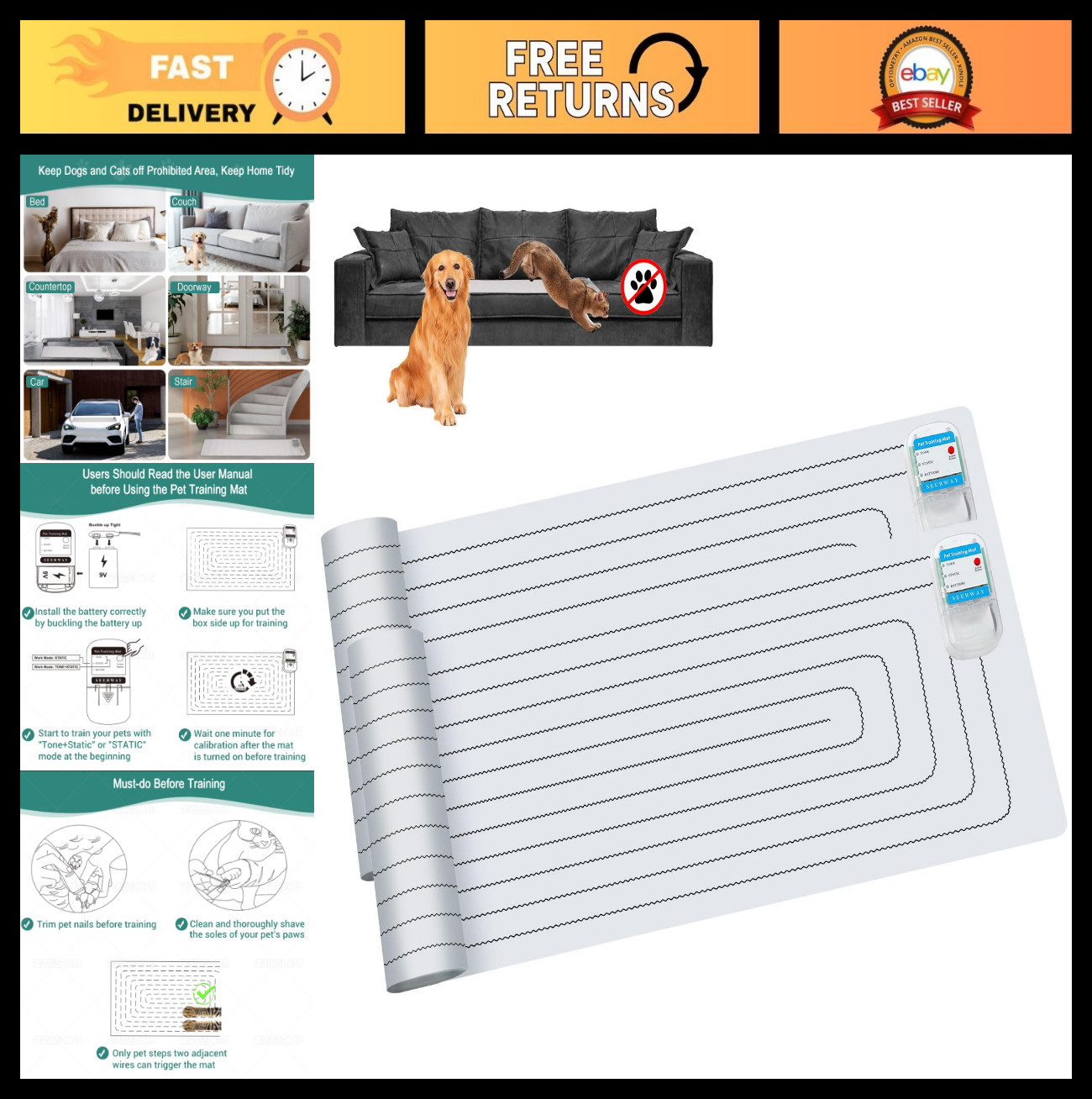 Pet Training Shock Mat – 2 Pack Electric Repellent Pads for Dogs & Cats, 3 Modes
