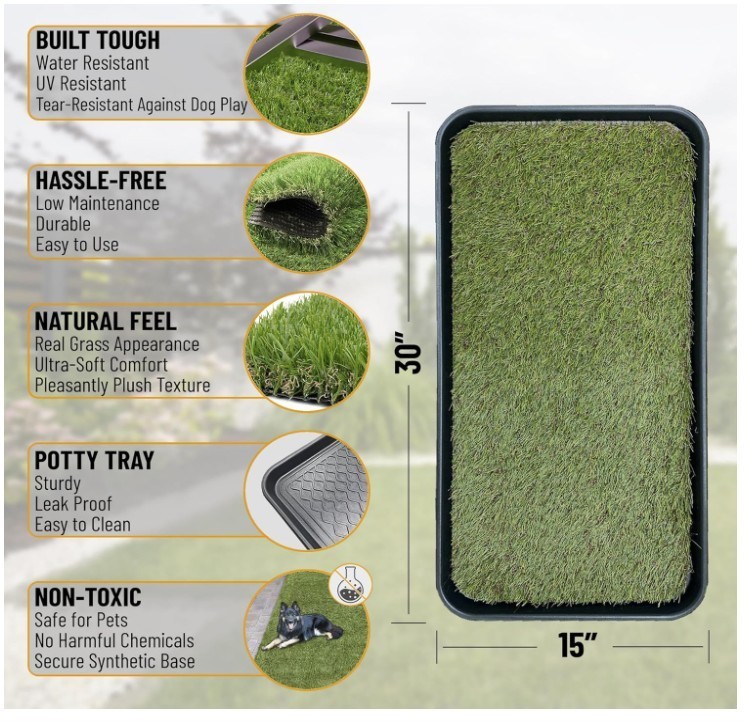 Artificial Grass Puppy Potty Training Pad with Tray – 15″x30″ Reusable Solution