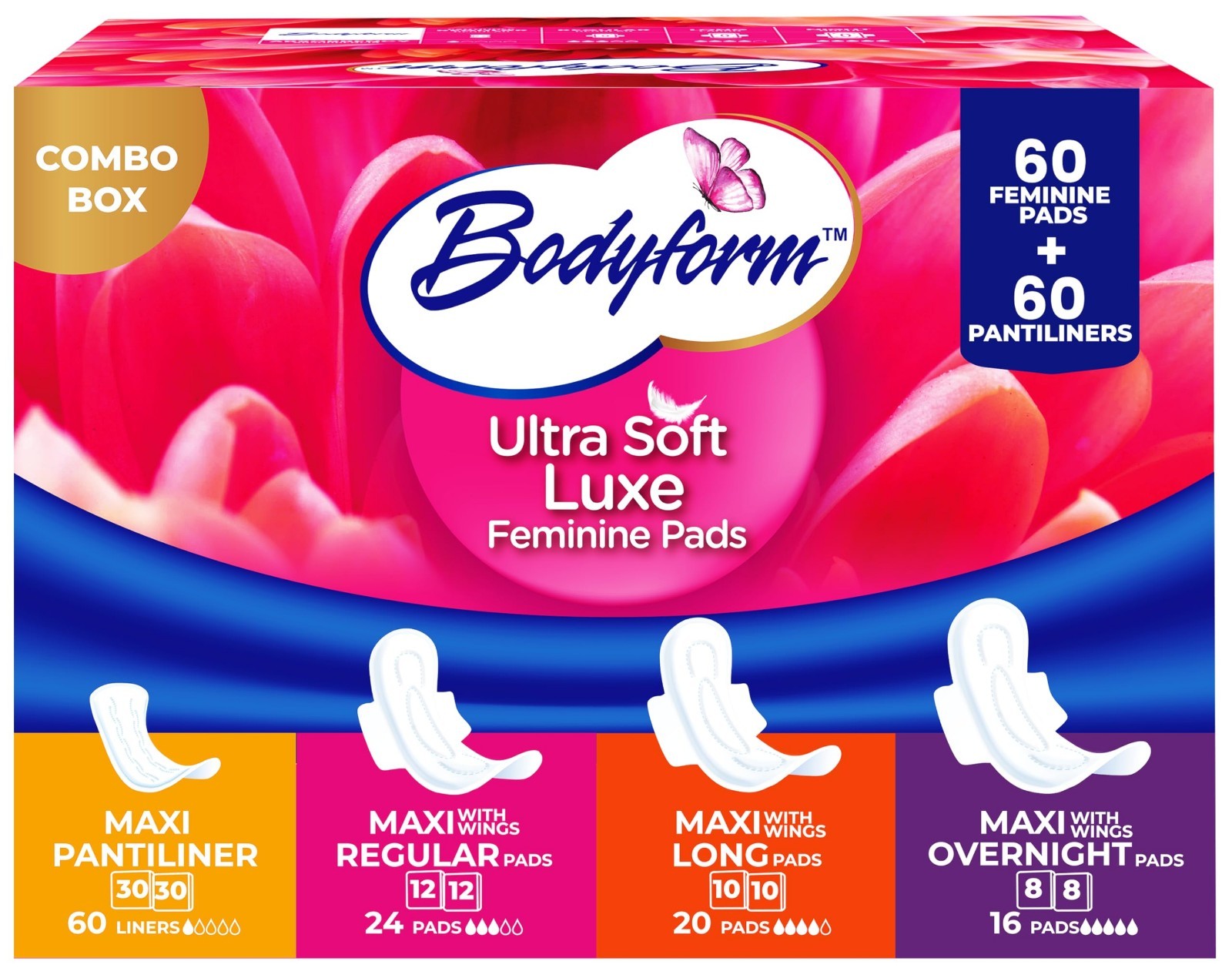 Ultra-Soft Luxe Pads & Pantyliners Combo, 120 Count – Leak Protection, Comfort