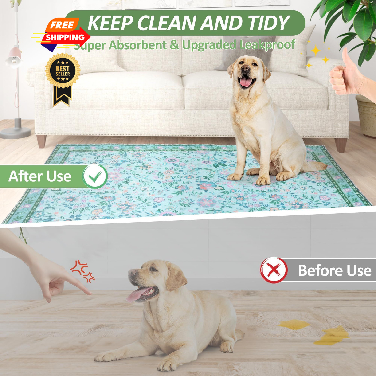 Baodan Pee Pads for Dogs Washable 48″x48″, Extra 48*48 Inch(Pack of 2), Green