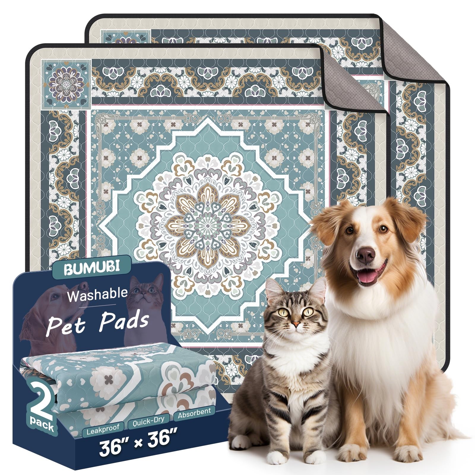 2 Washable Pee Pads for Dogs 36x36in Reusable Potty Training Puppy Pads Grayish