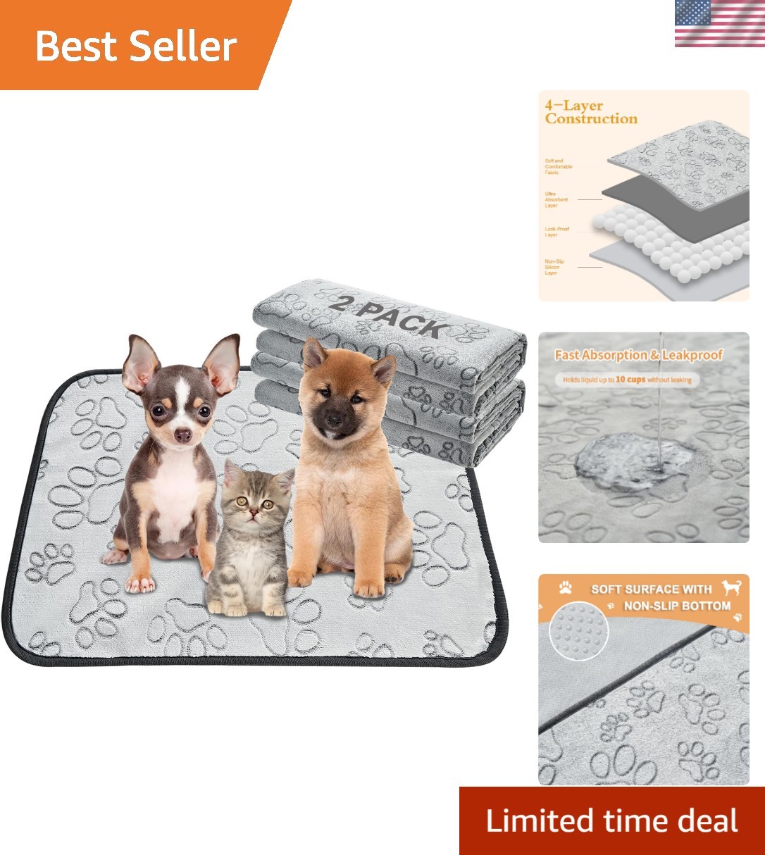 Washable Non-Slip Puppy Pads 18″x24″ – Leakproof Training Pads for Pets