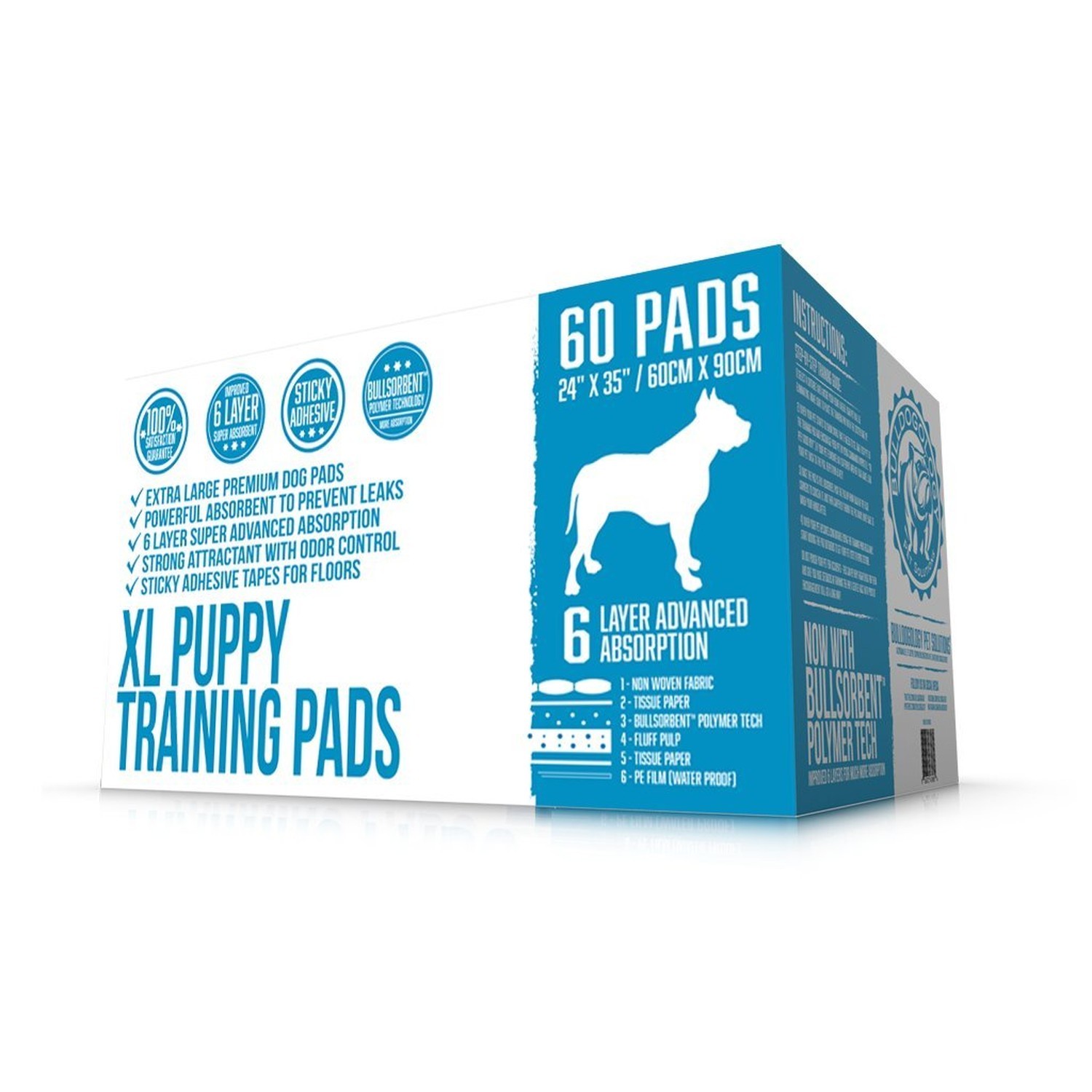 Bulldogology Premium Puppy Pads with Adhesive Sticky Tape (24×35, XL, 60-Count)
