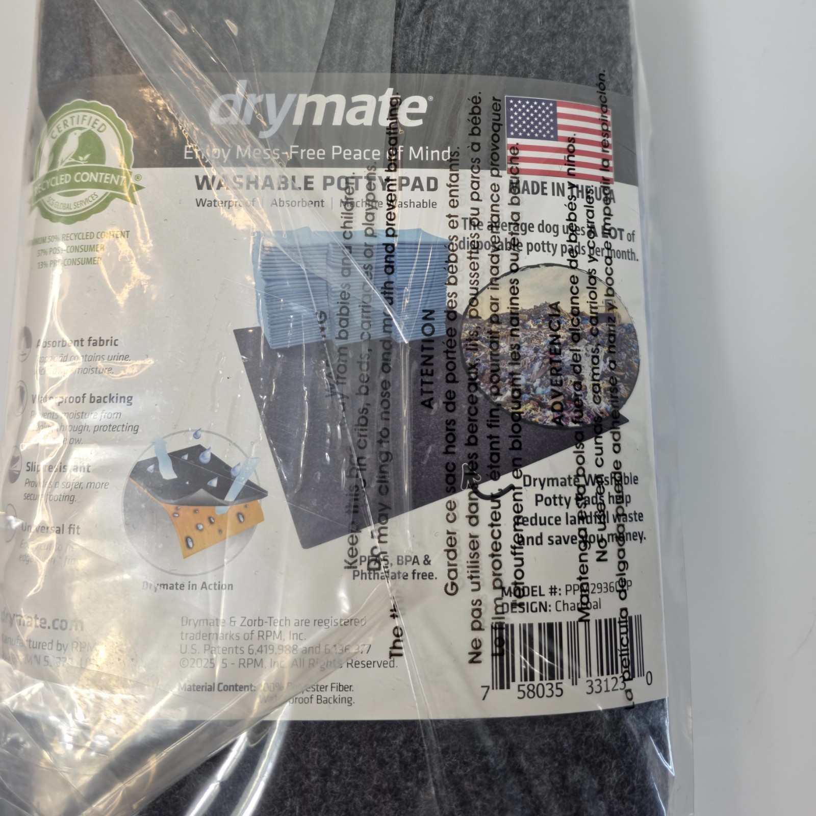 Drymate Washable Potty Pads 2 Pack Large 29×36 Reusable Dog Pee Pads Gray