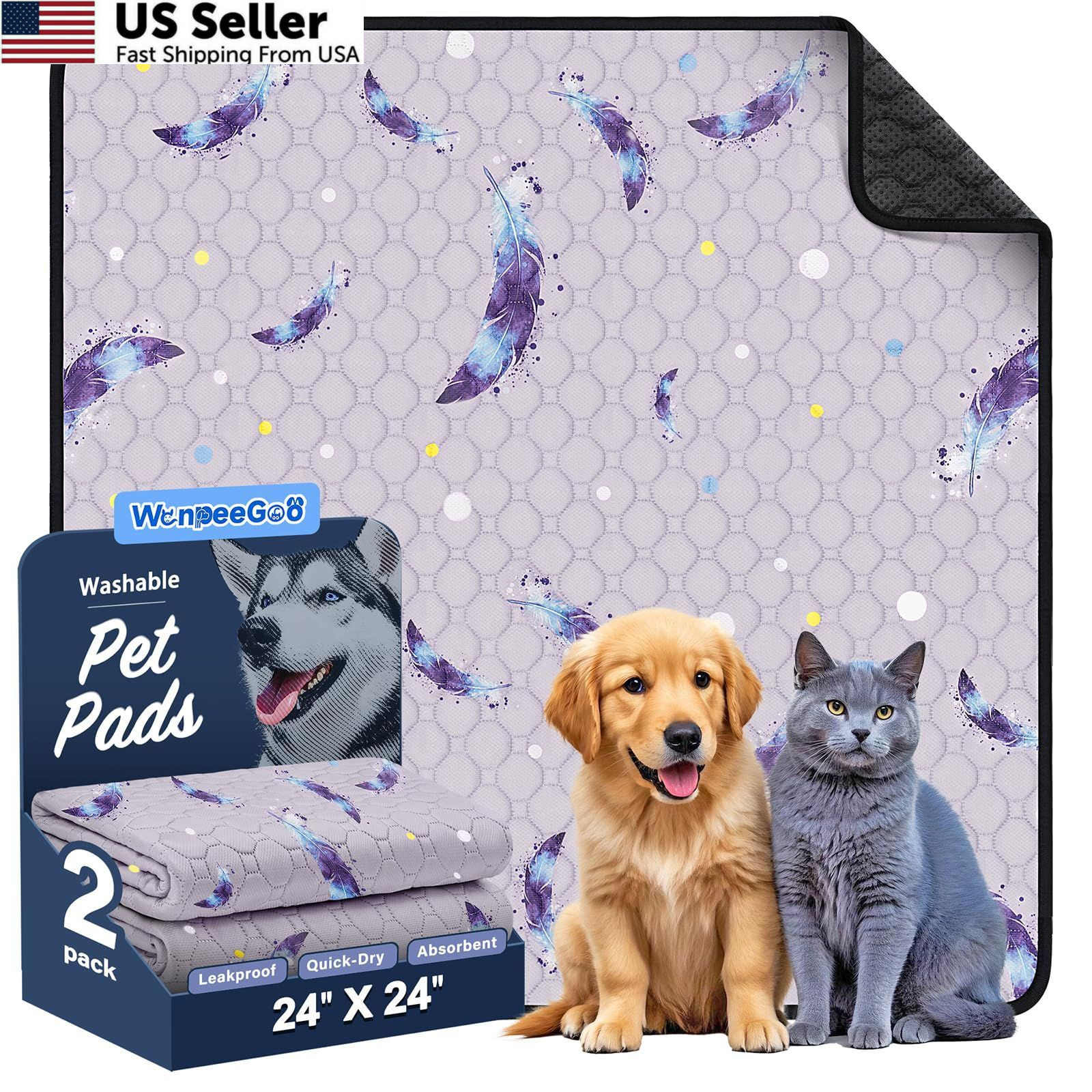 Washable Dog Pee Pads, Non-Slip 24″x24″(Pack of 2), Feather Pattern