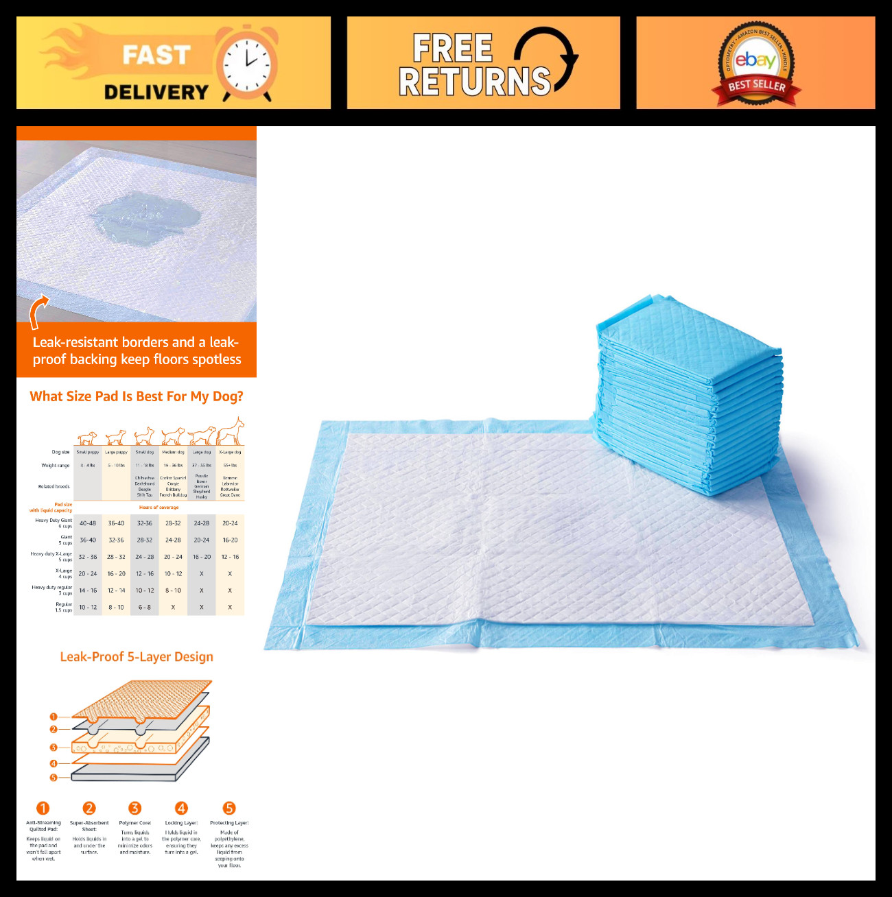 Super Absorbent Dog Potty Pads, Leak-Proof 5-Layer, Quick-Dry, X-Large 28×34″, 2