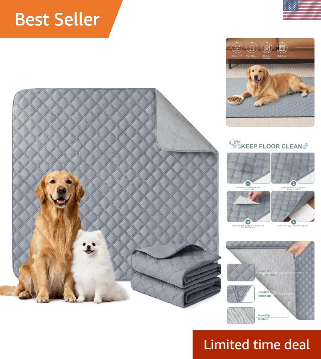 Reusable Dog Pee Pads 36”x41” – 2 Pack Waterproof & Leak-Proof