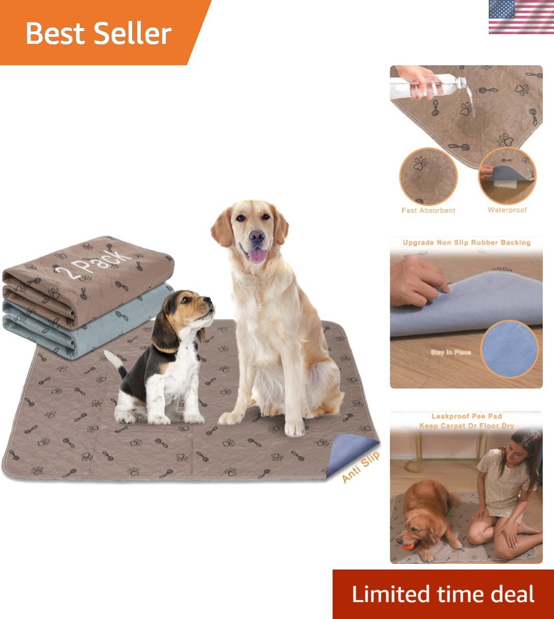 Ultra Waterproof 36×36 Reusable Dog Pads – 2-Pack with Fast Absorbent Design