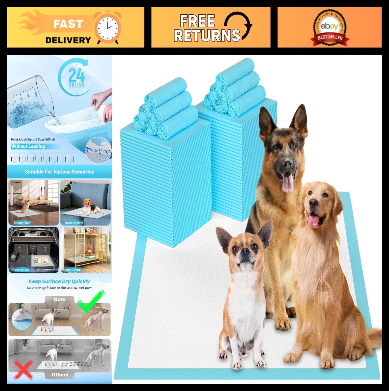 Extra Large Puppy Pee Pads 32″x36″ – 60 Count, Leak-Proof, Super Absorbent Train