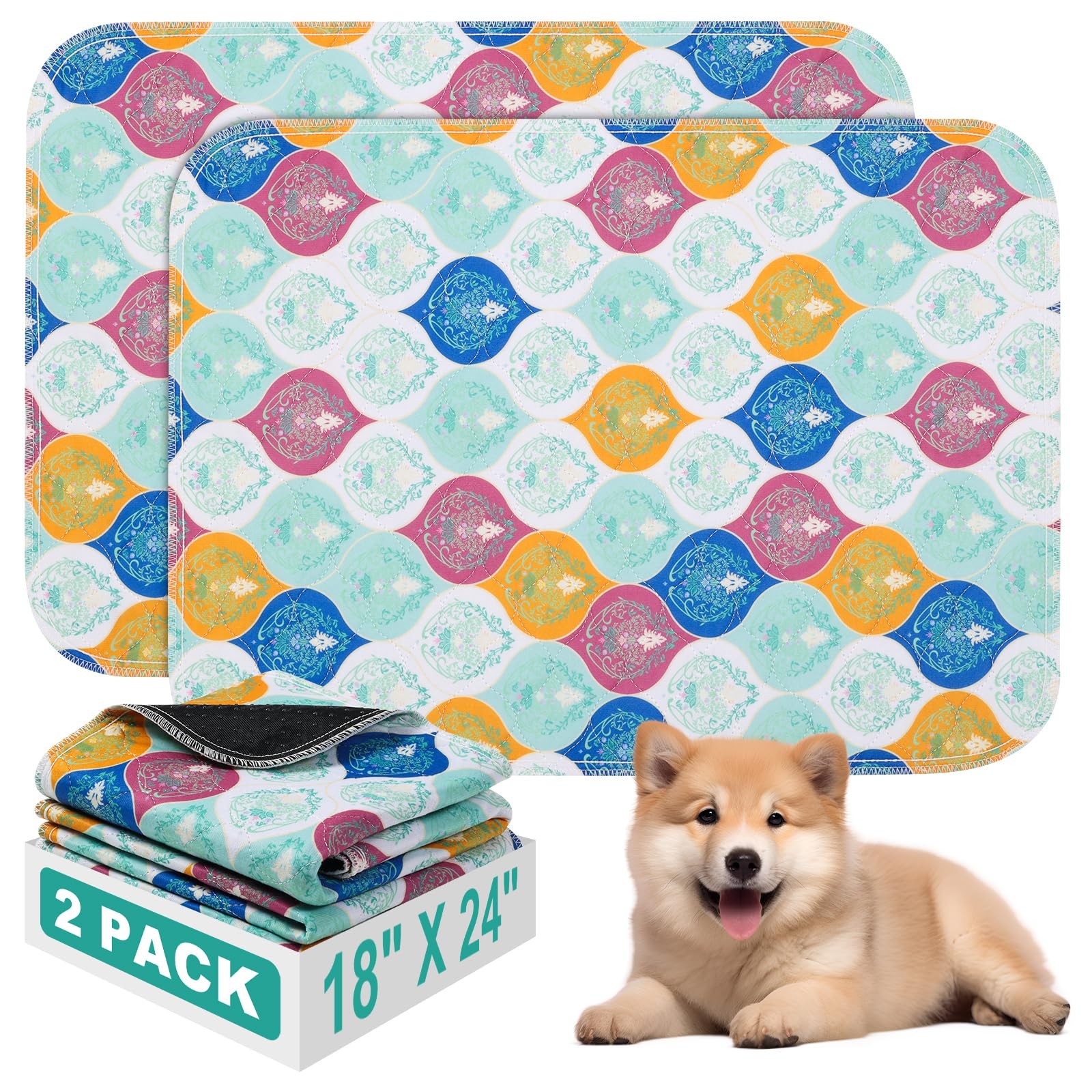 Washable Pee Pads for Dogs, Stylish Absorbent 18″ x 24″ 2PACK, Colorful