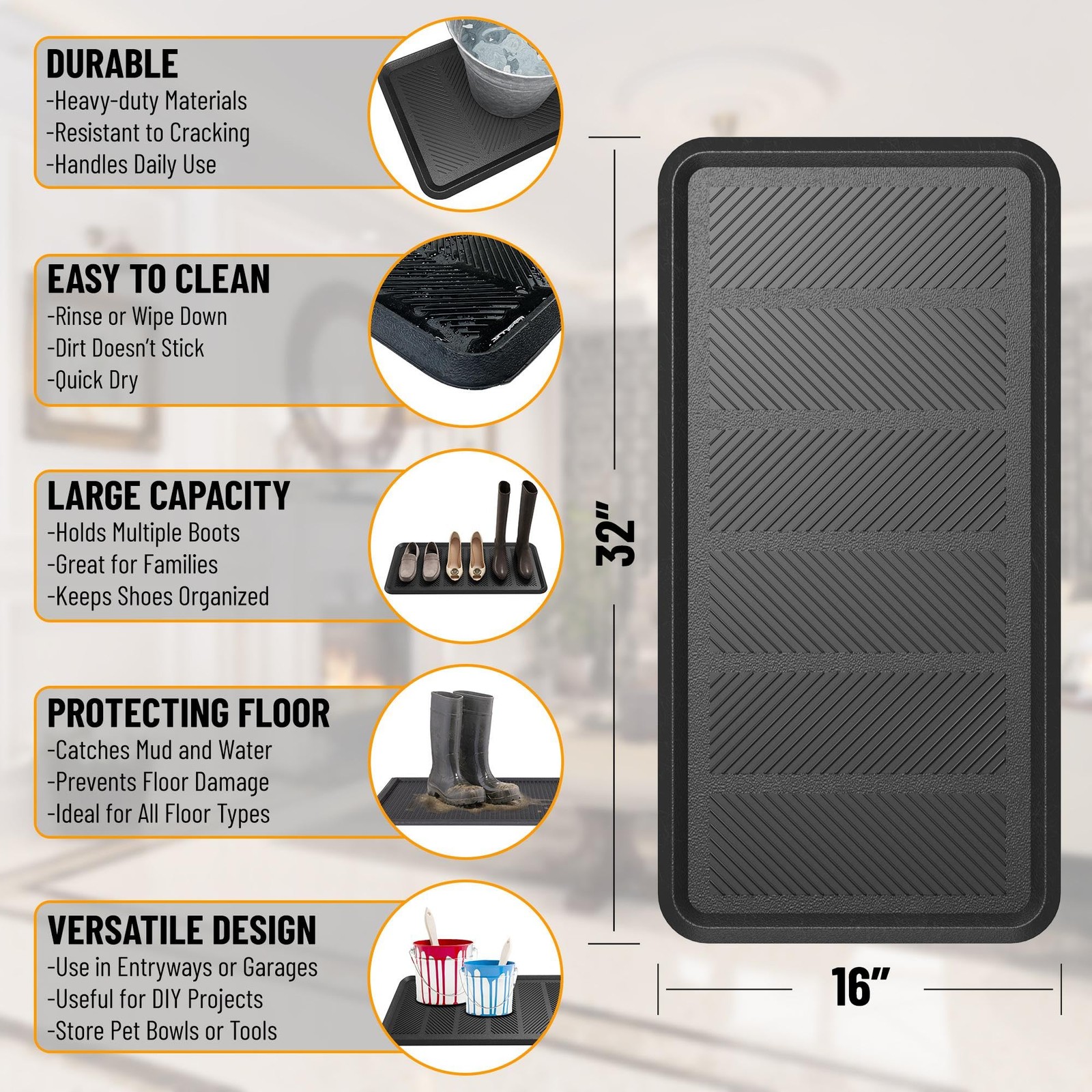 16×32 Indoor Outdoor Rubber Boot Tray Non Slip Entryway Garage Patio Mat Black