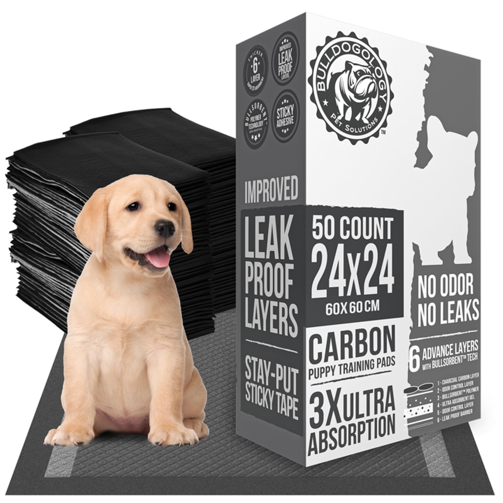 Bulldoglogy Carbon Black Puppy Pee Pads with Adhesive Sticky Tape – Large Charco
