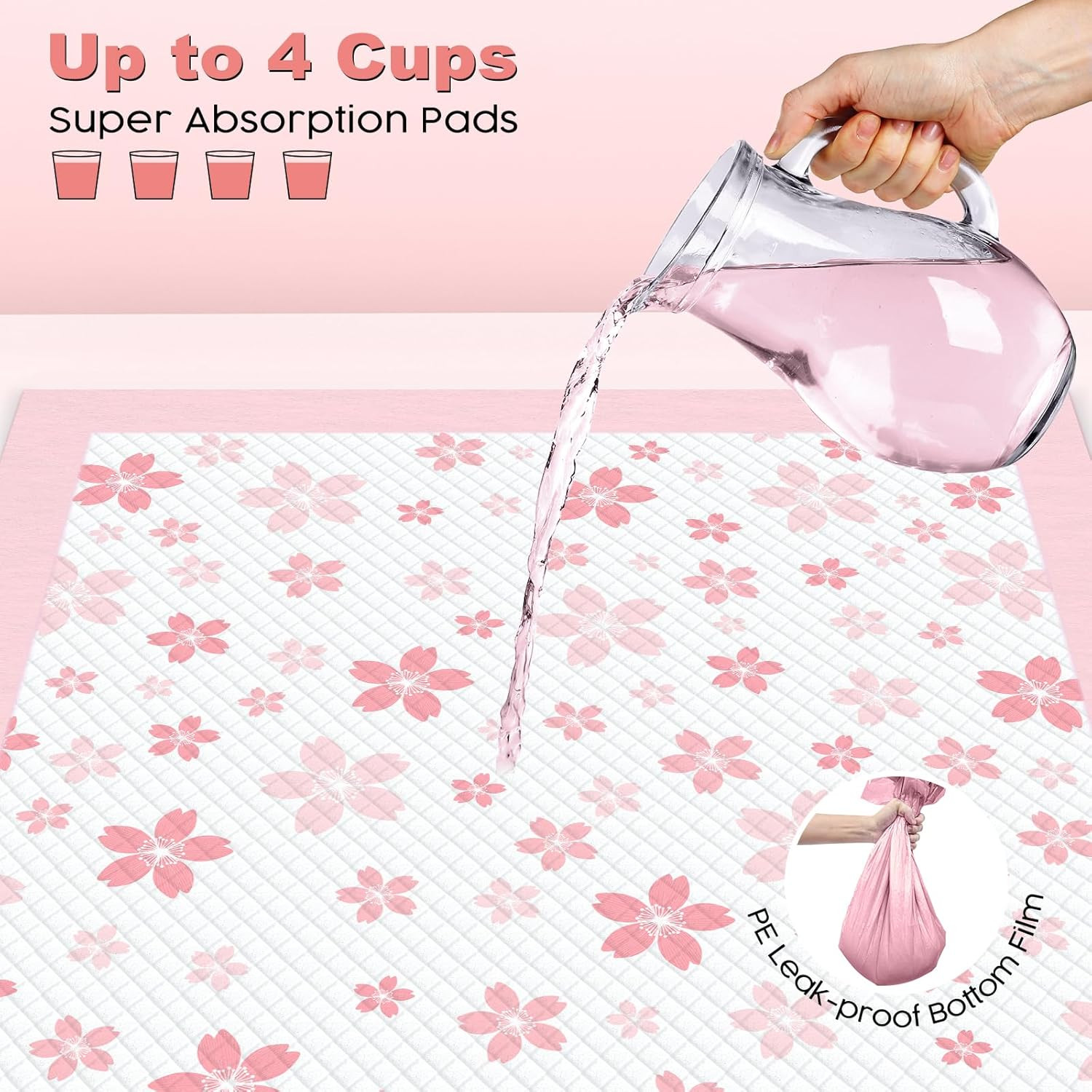 Puppy Pads 22″X 22″, Pink Cherry Blossom Pattern, Regular Size, 50 Counts