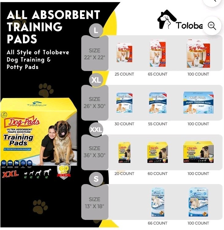 Tolobeve Dog Training Pads, XXL, 30 in x 36 in, 60 Count Disposable Dog Puppy…