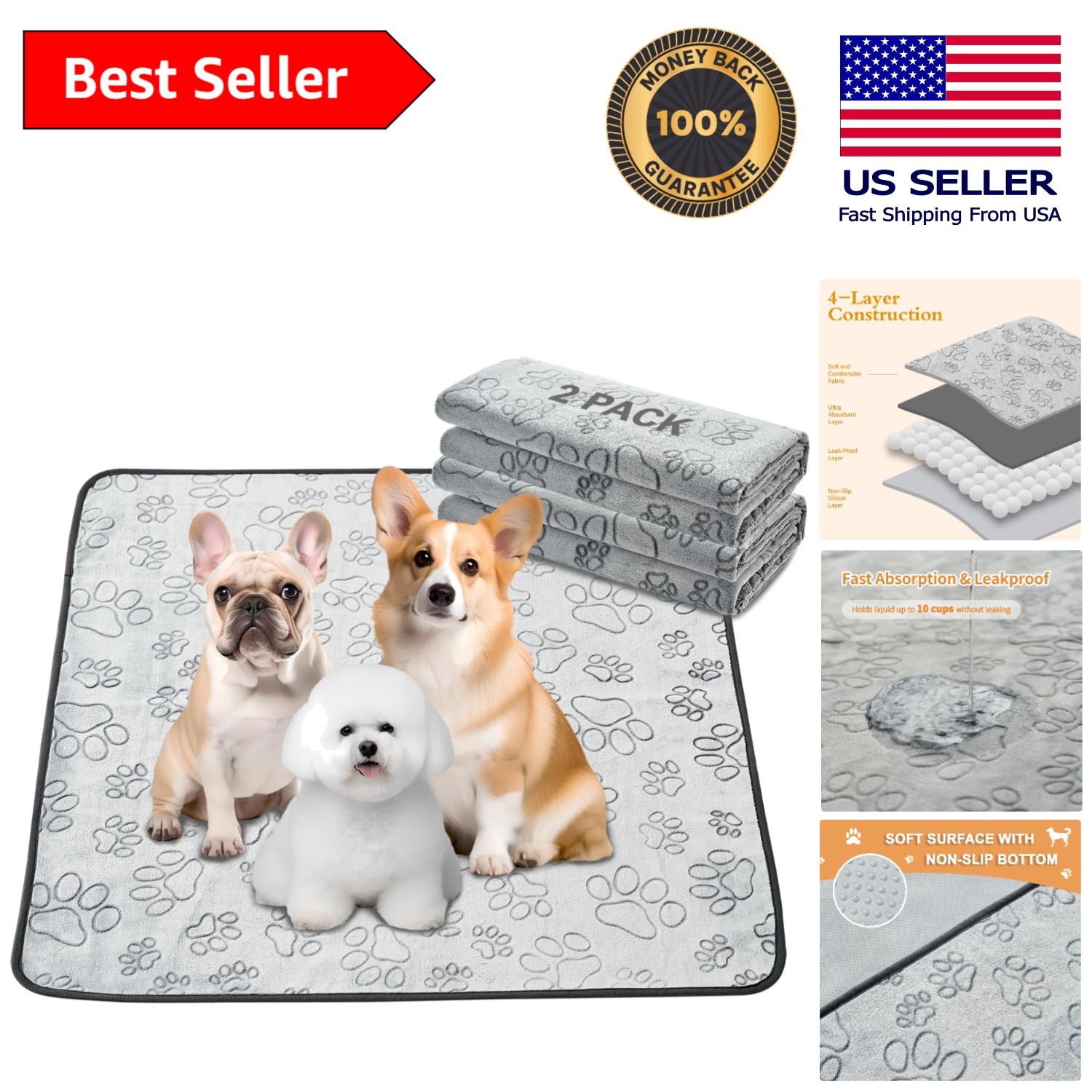Eco-Friendly Washable Puppy Pads, 36×41, Waterproof & Leakproof – 2 Pack