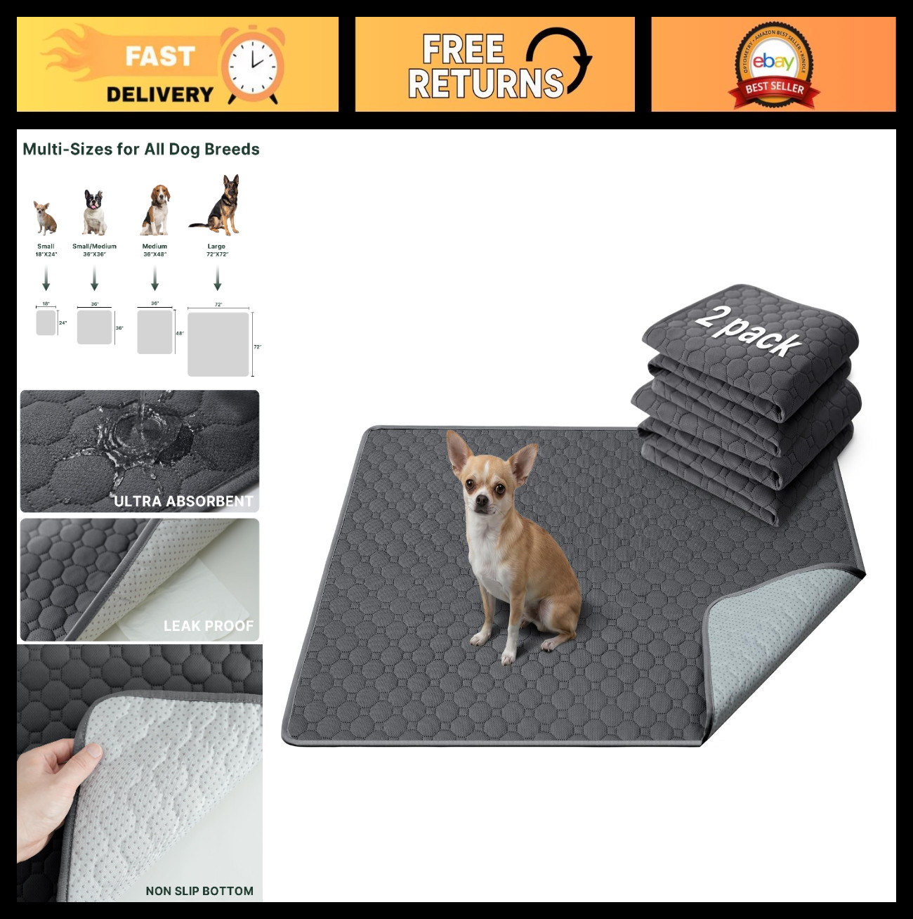 Premium Washable Dog Pee Pads 2 Pack – Super Absorbent, Waterproof, Non-Slip, 18