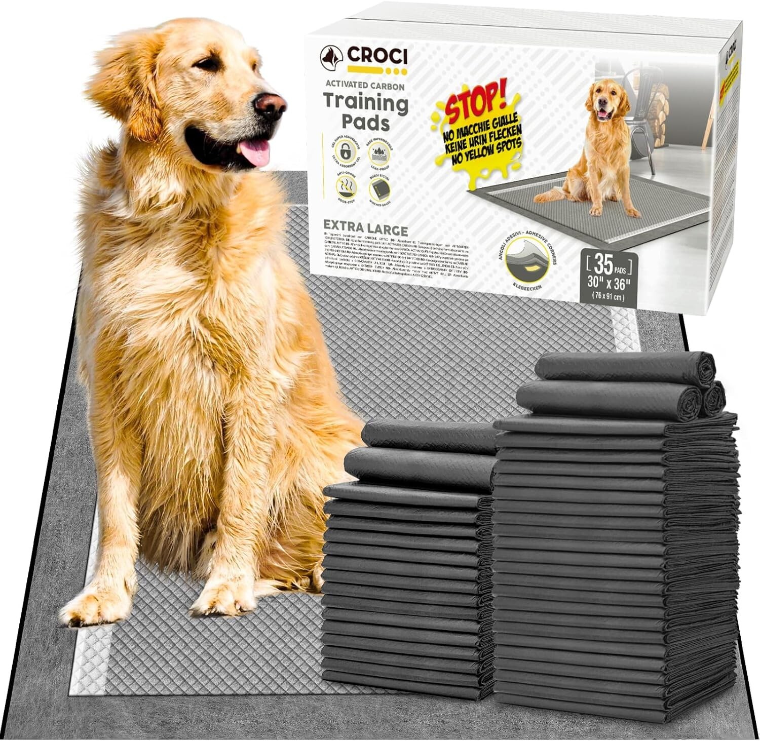 XXL 30x36in Dog Training Pee Pads – 6-Layer Absorbent with Adhesive Tabs (35ct)