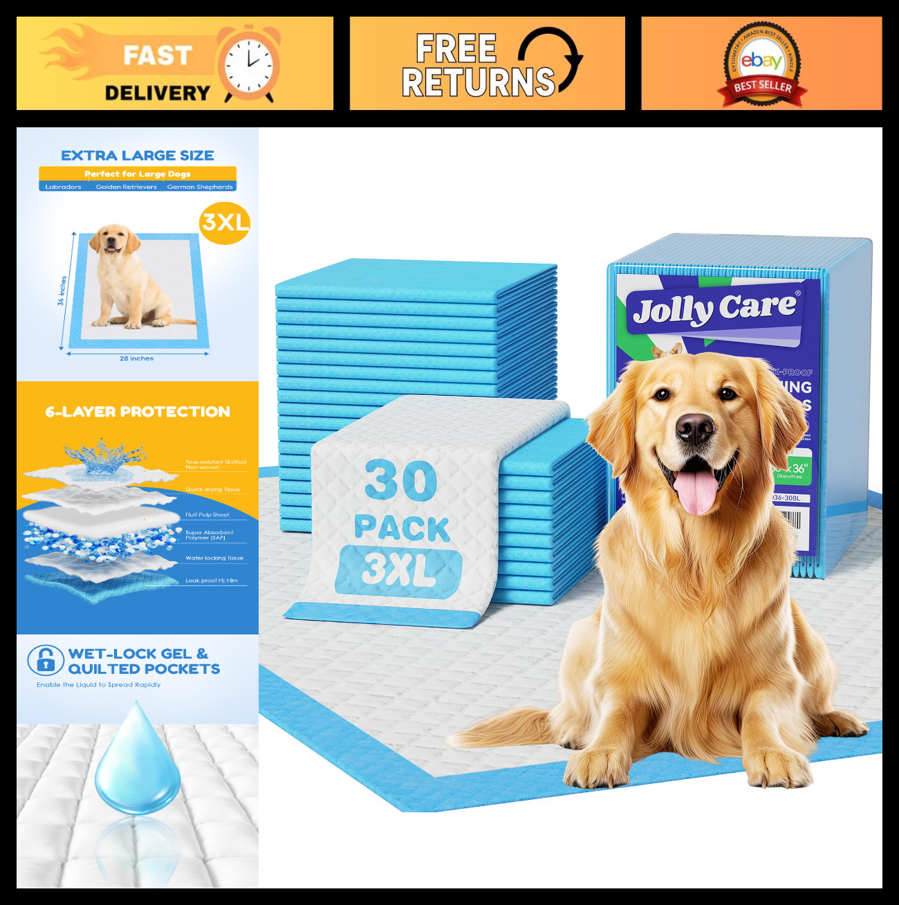 36″ x 36″ XXXL Dog Training Pads – 30 Count, Super Absorbent, Leak-Proof, Quick