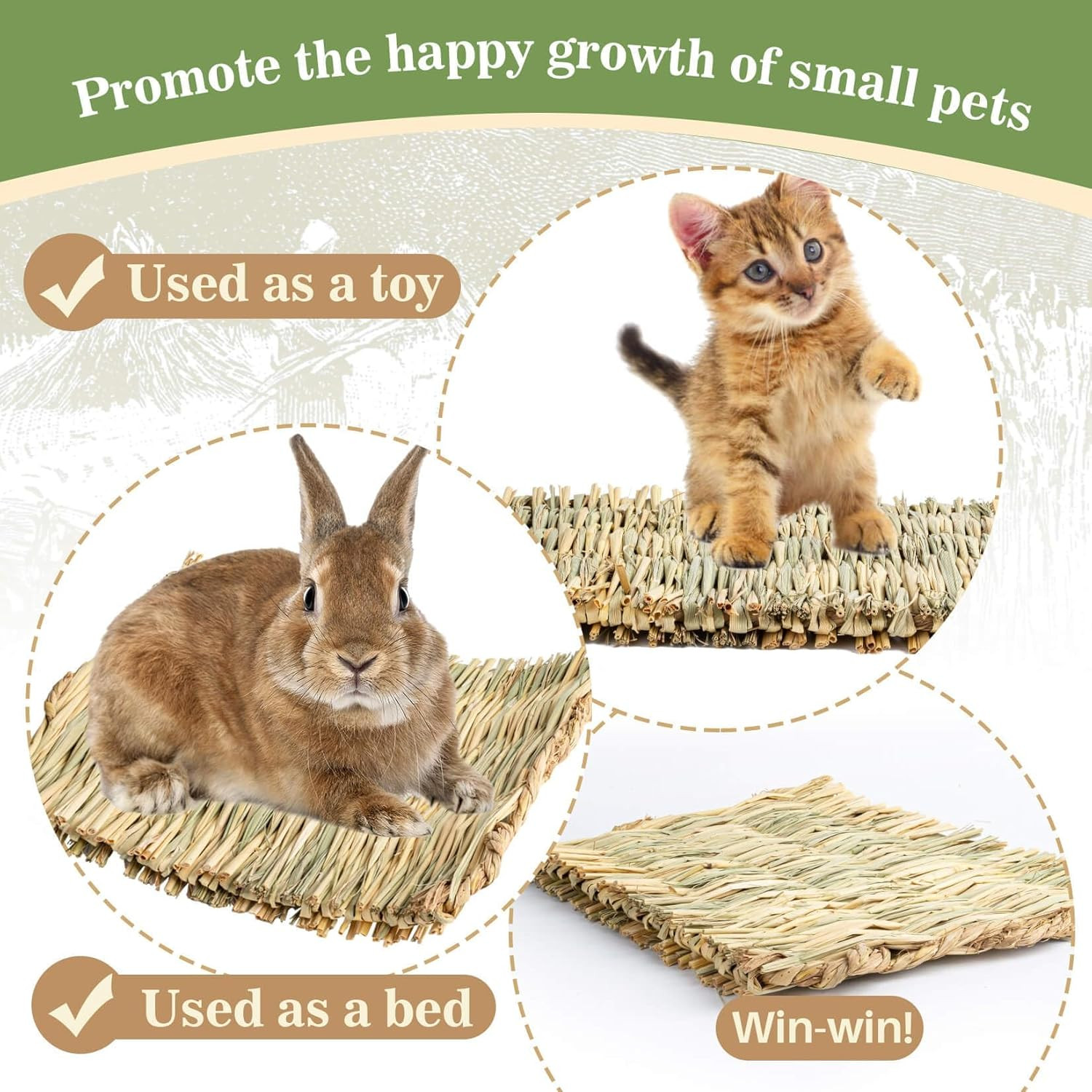 2 PCS Rabbit Grass Mats Natural Hay Woven Pet Bedding Cooling Cage Pad