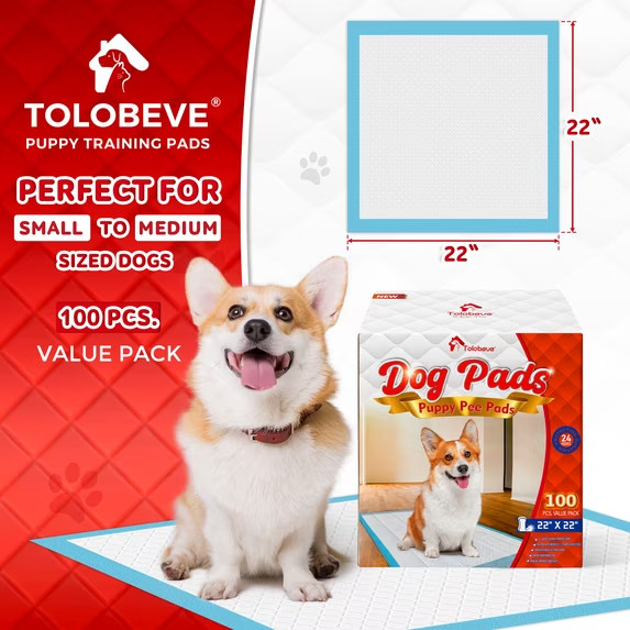 Tolobeve Puppy Pads Training Pads, Large, 22 in x 22 in, 200 Count