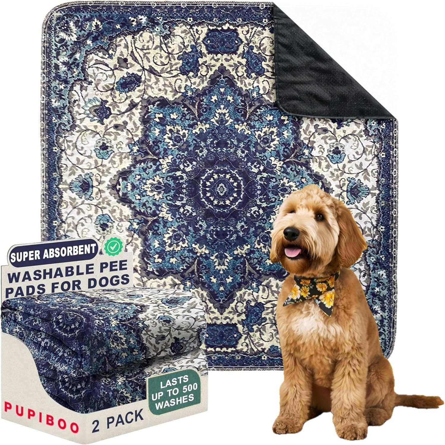 Washable Pee Pads for Dogs – Super 3FT x (Pack of 2), Blue Medallion