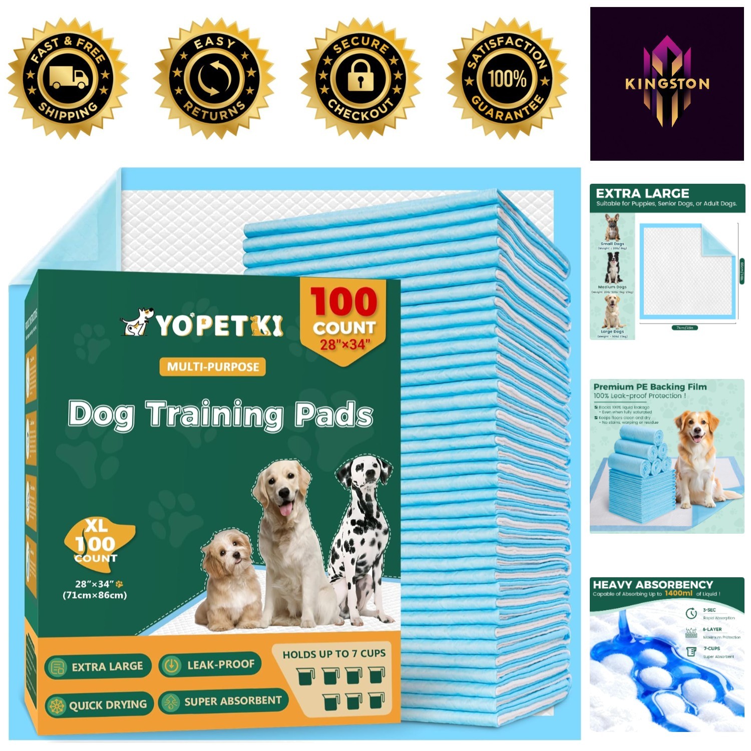 100 Count Quick-Dry Extra Large Puppy Pads 28″x34″ – Super Absorbent & Pet Safe