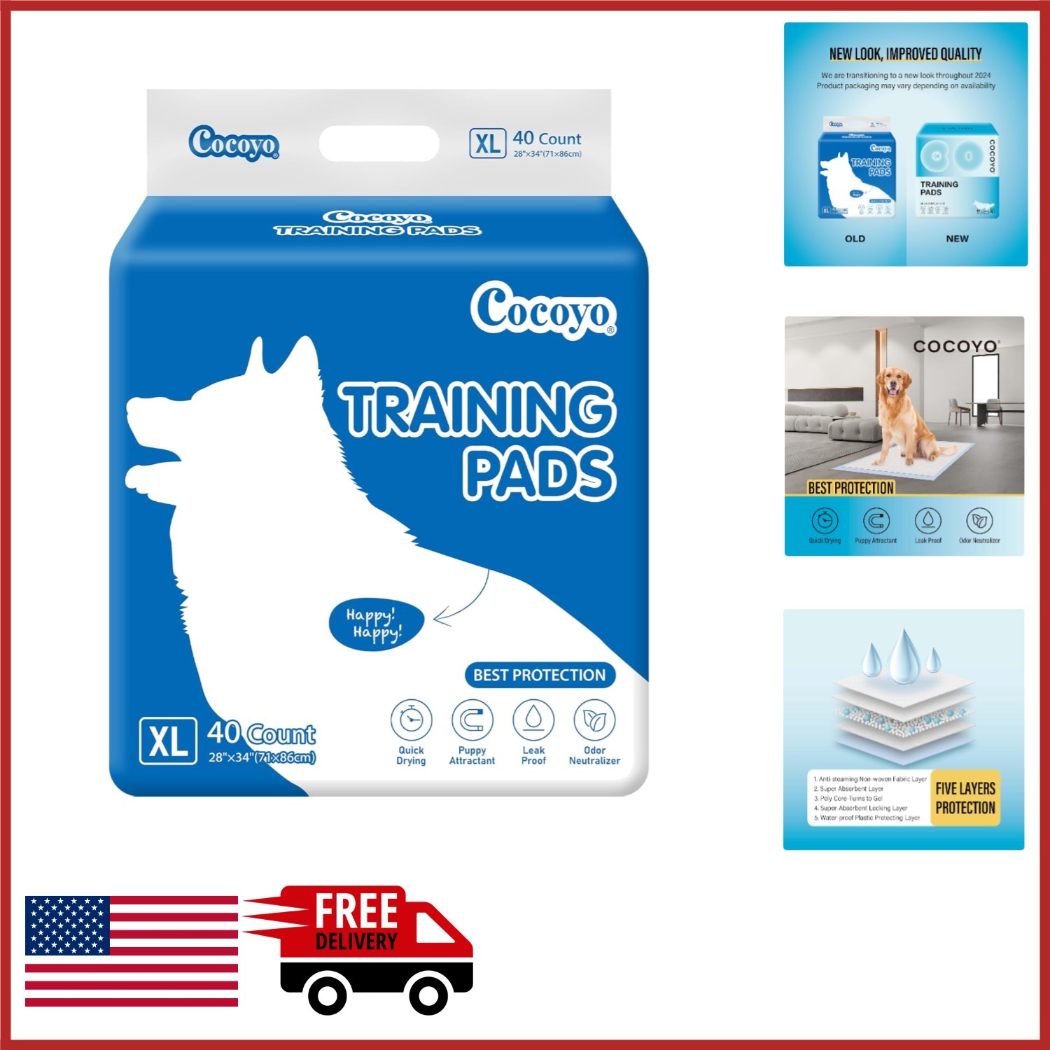 5-Layer Dog Training Pads 40 Count Extra Large Size for All Life Stages