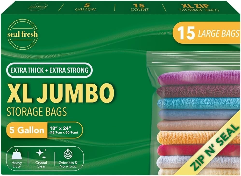 10 Gallon Large Plastic Storage Bags – 24″ x 24″ 15 Count – Reusable XXL Extra