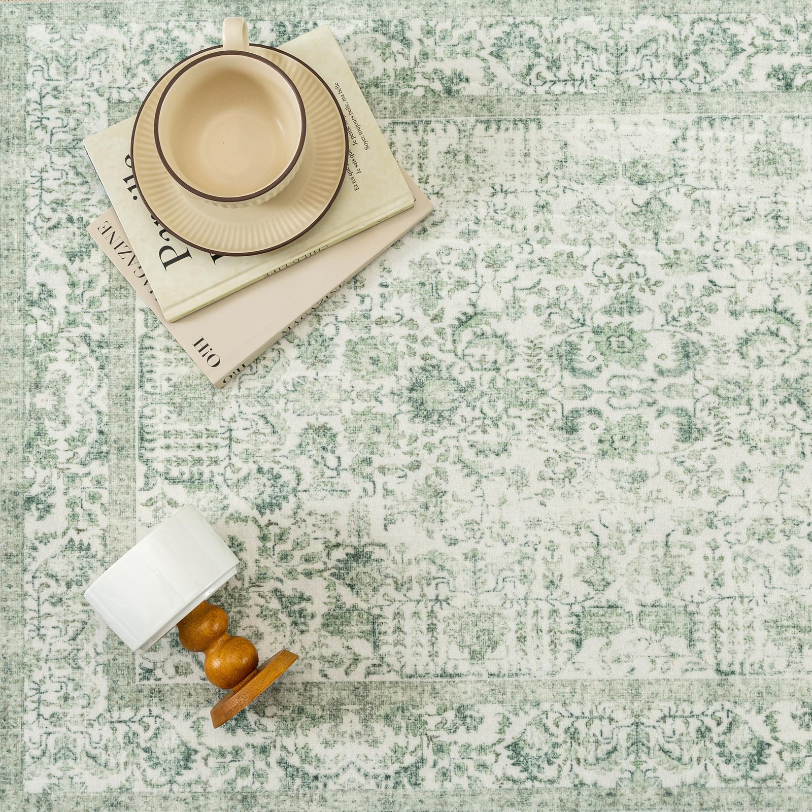 PureCozy Sage Green Area Rug 5×7 Vintage Floral Farmhouse | Washable, Non Sli…