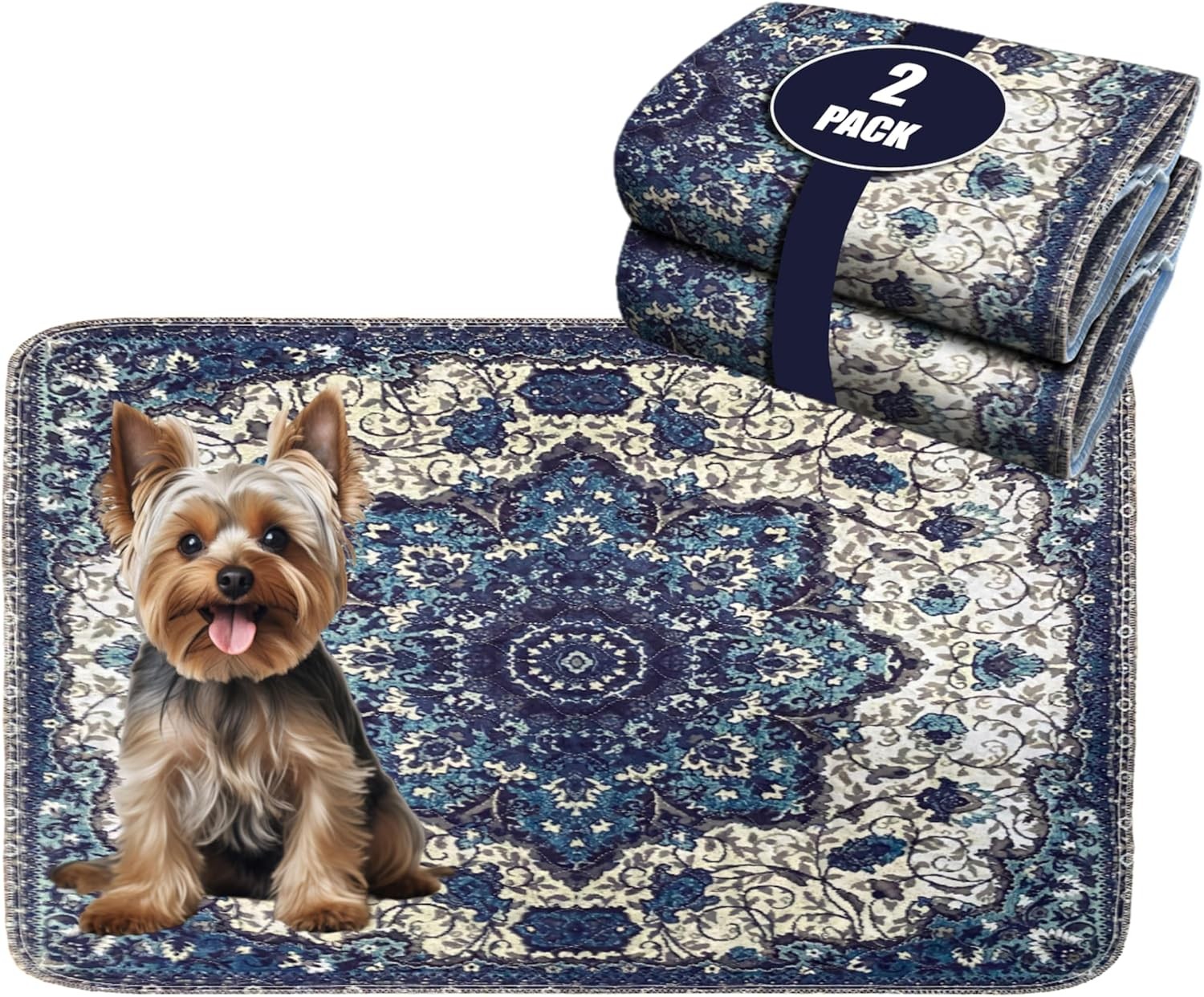 Washable Pee Pads for Dogs – Super 1.5FT x 2FT (Pack of 2), Blue Medallion