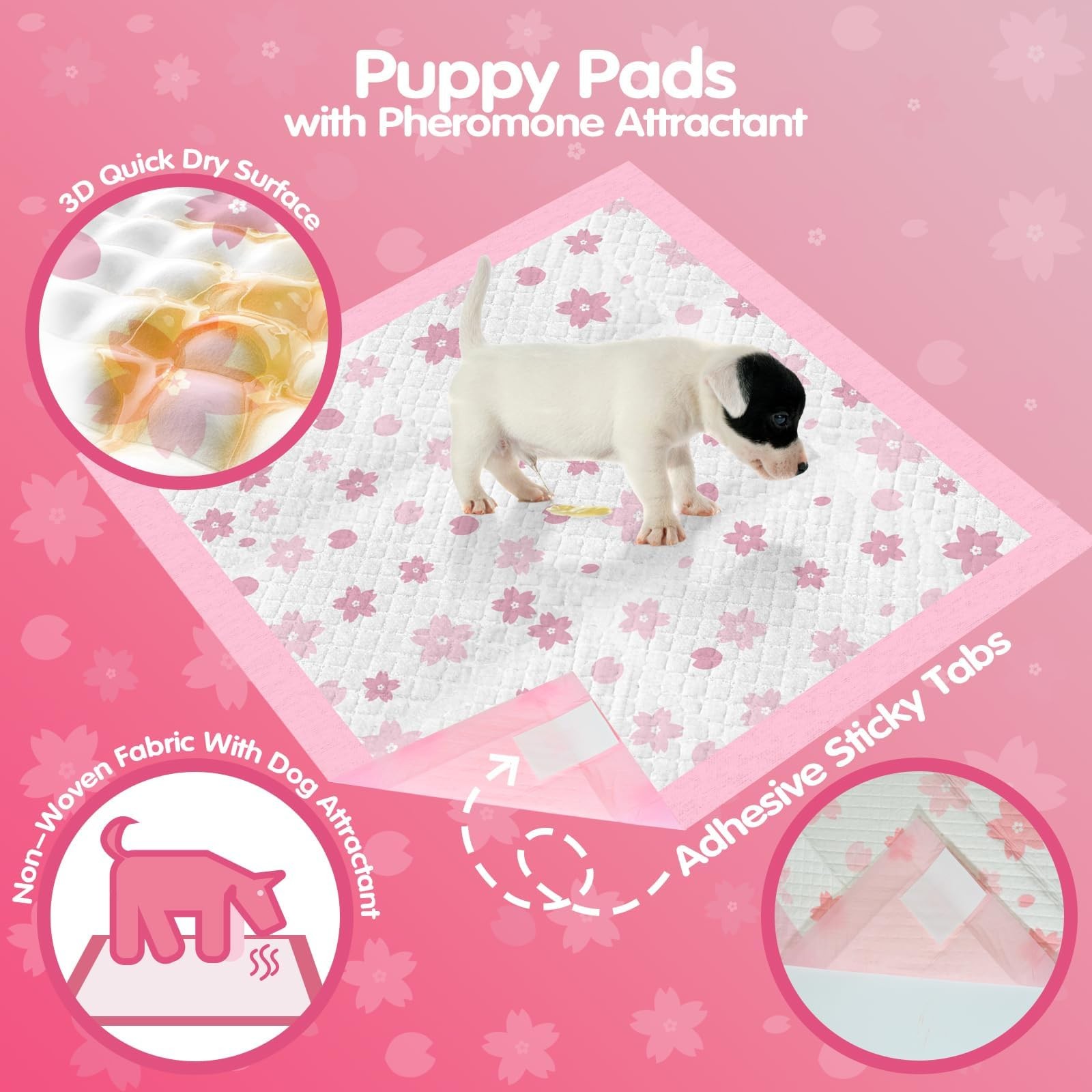 Pink Puppy Pads, 50 Count Cute Dog Pee Pad with Adhesive Tabs for Potty Train…