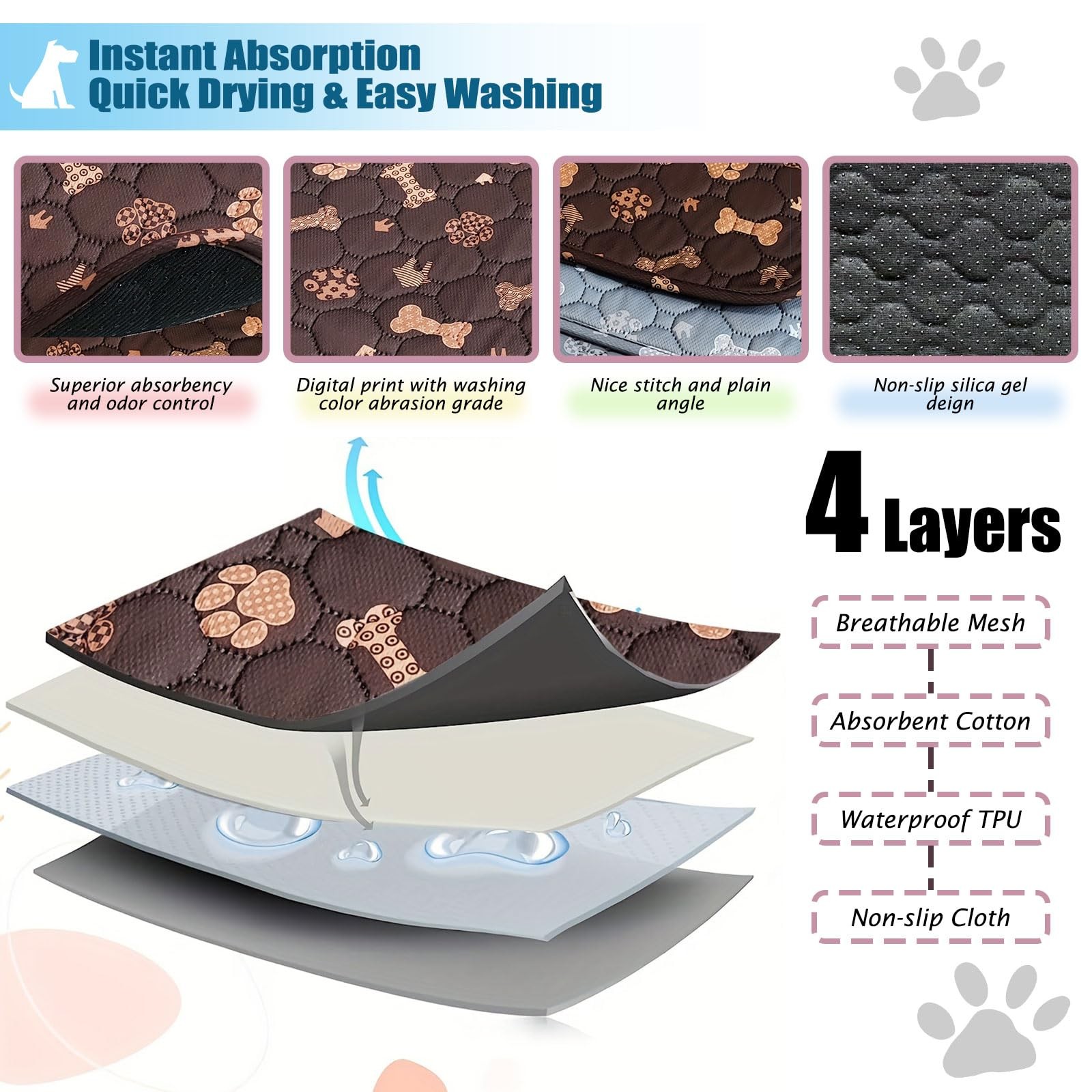 Washable Pee Pads for Dogs – 2 Pcs 28″x40″ Brown 28×40 inches (2-Pack),