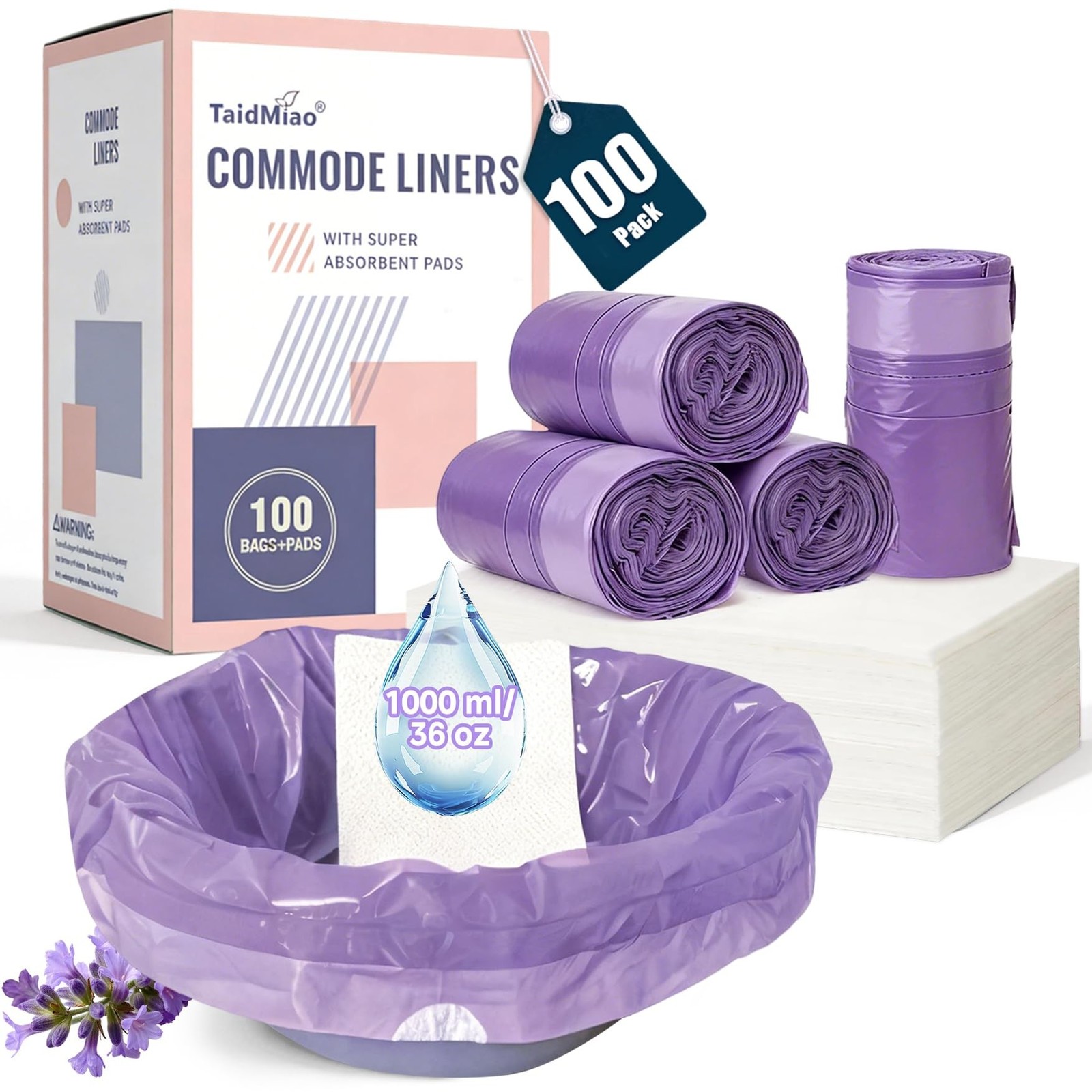 Bedside Commode Liners with Absorbent Pads – 100 Count Disposable Commode Bag…