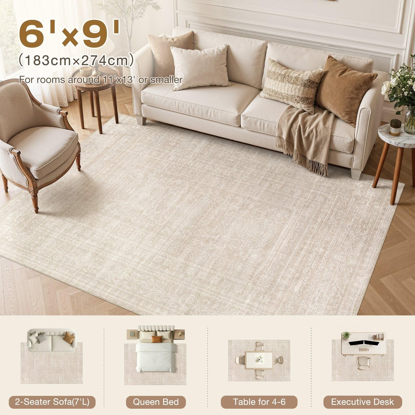 Nakagishi Neutral 6×9 Area Rugs for Living Room Washable, Beige | Pet & Kid F…