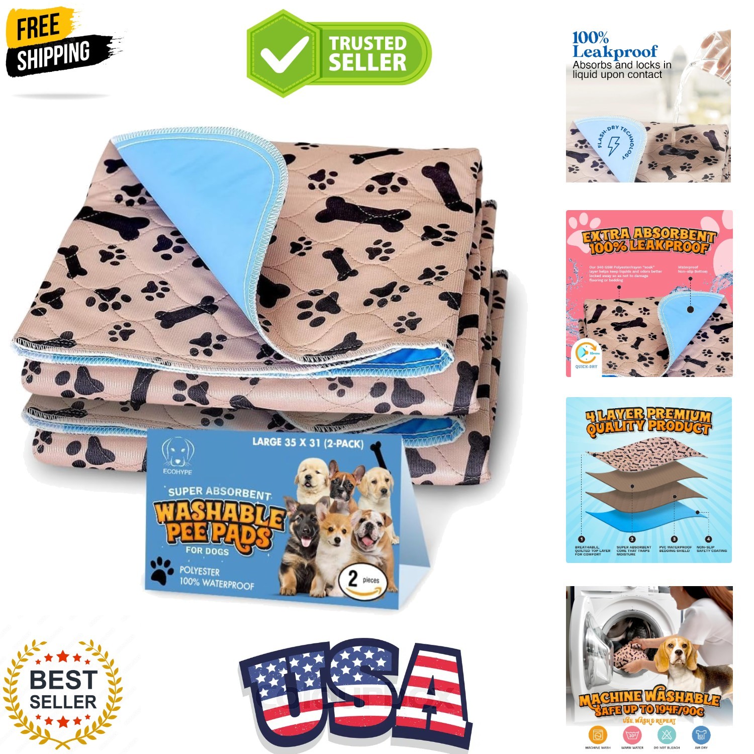 Super Absorbent Washable Pee Pads for Dogs Large 35 x 31 2-Pack Puppy Pads pe…