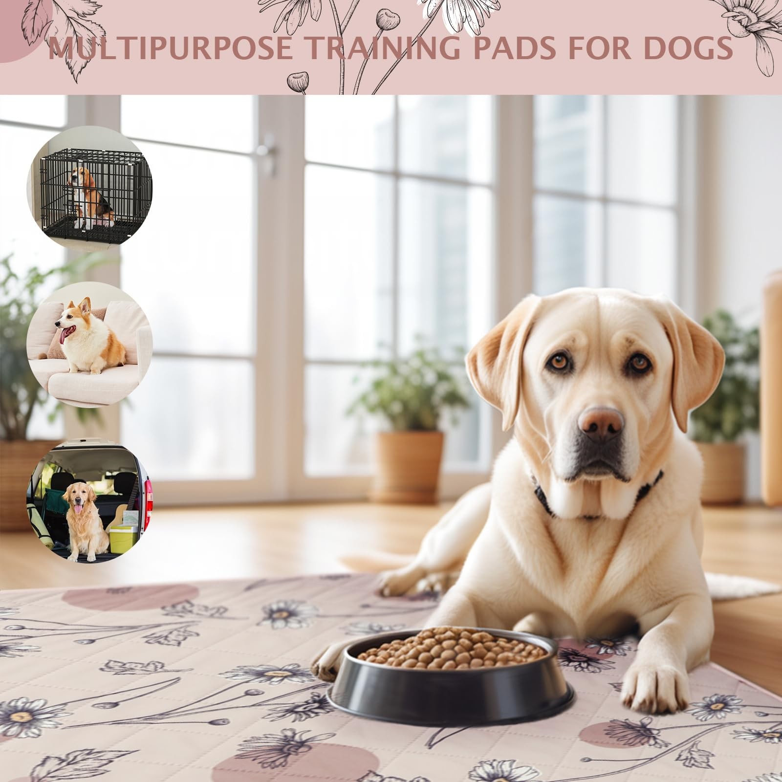 IEUUMLER Washable Pee Pads for Dogs, 2 Pack Non-Slip 24″X18″-2pcs, Pink Daisy