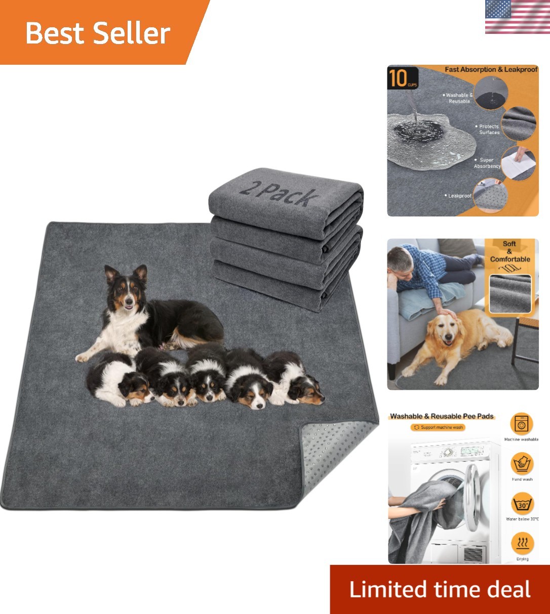 2 Pack Washable Dog Pee Pads 48x60in – Fast Absorbent, Non-Slip, Gray