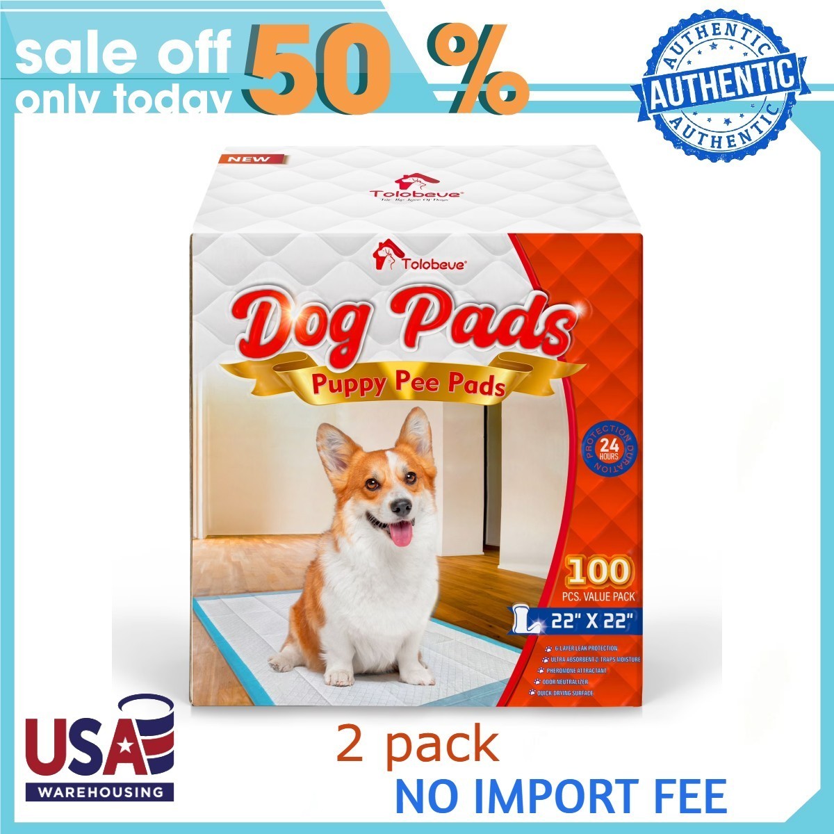 Tolobeve Puppy Pads Training Pads, Large, 22 in x 22 in, 200 Count