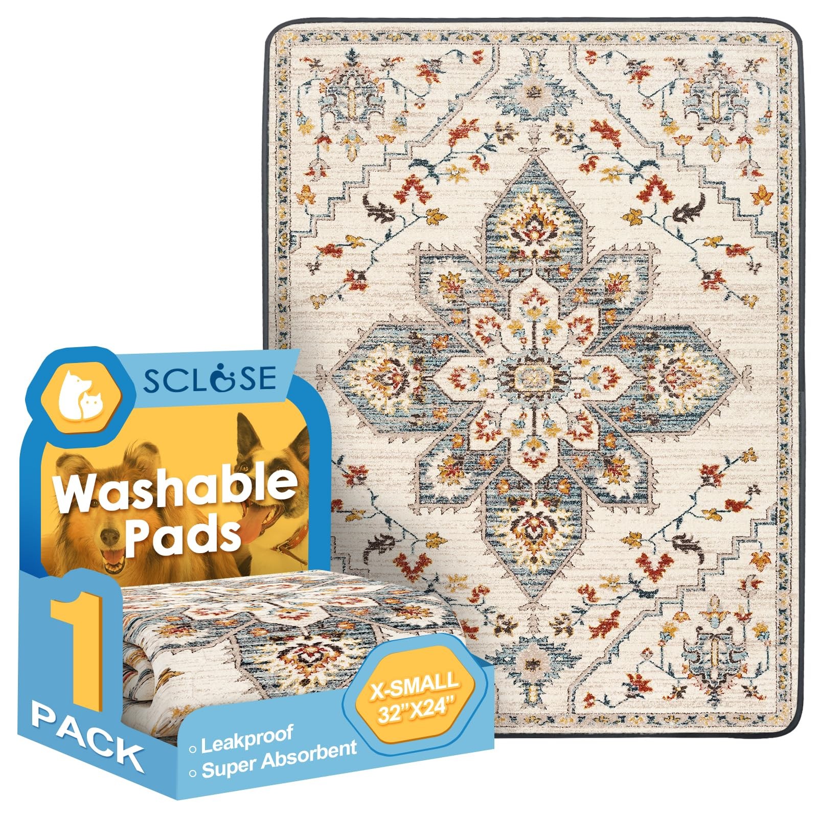 SCLOSE Washable Pee Pad for Dogs, 32″ x 24″ x (1 Pack), White Medallion