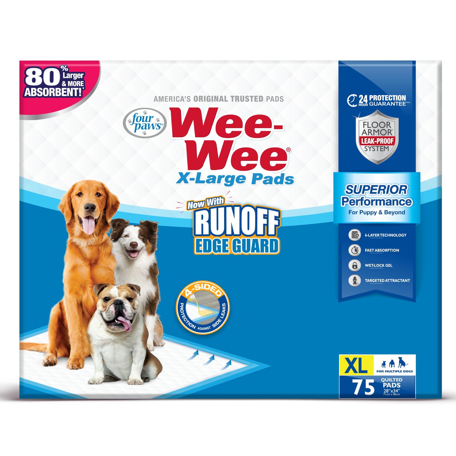 Four Paws Wee-Wee Superior Performance Extra Large Pee Pads 75 Count, White