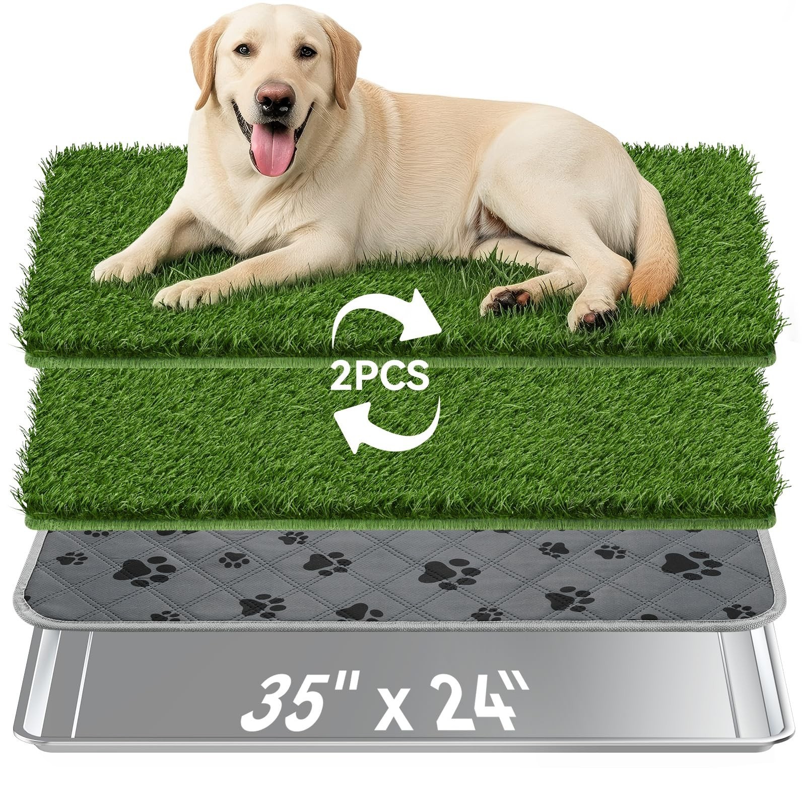 Large Dog Grass Pad with Tray – 35″x24″ Stainless Steel Litter Box, 2 Grass Pads